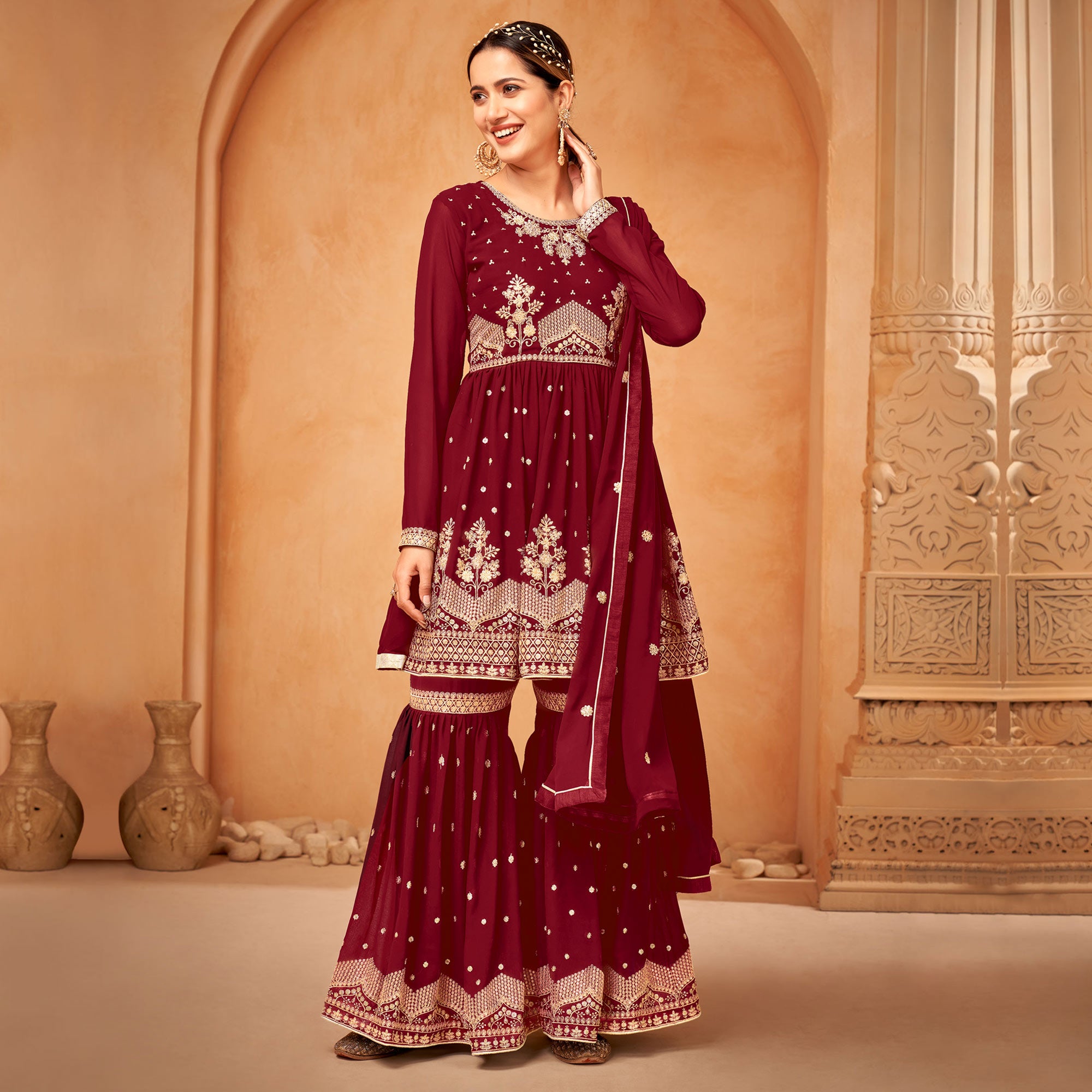 Red Floral Sequin Embroidered Georgette Semi Stitched Suit