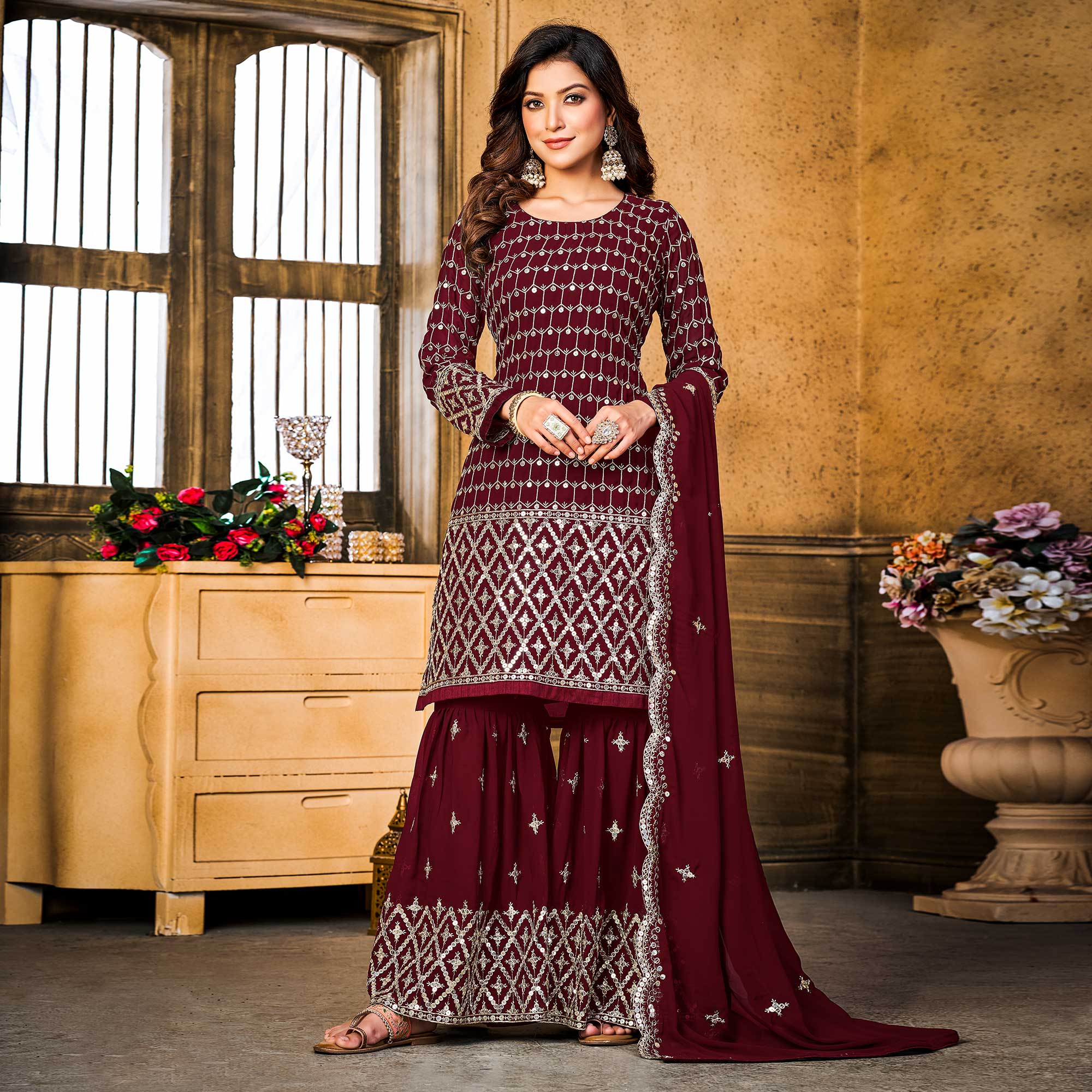 Maroon Sequins Embroidered Georgette Semi Stitched Suit