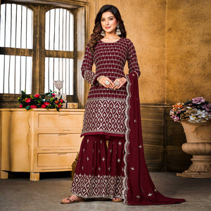 Maroon Sequins Embroidered Georgette Semi Stitched Suit