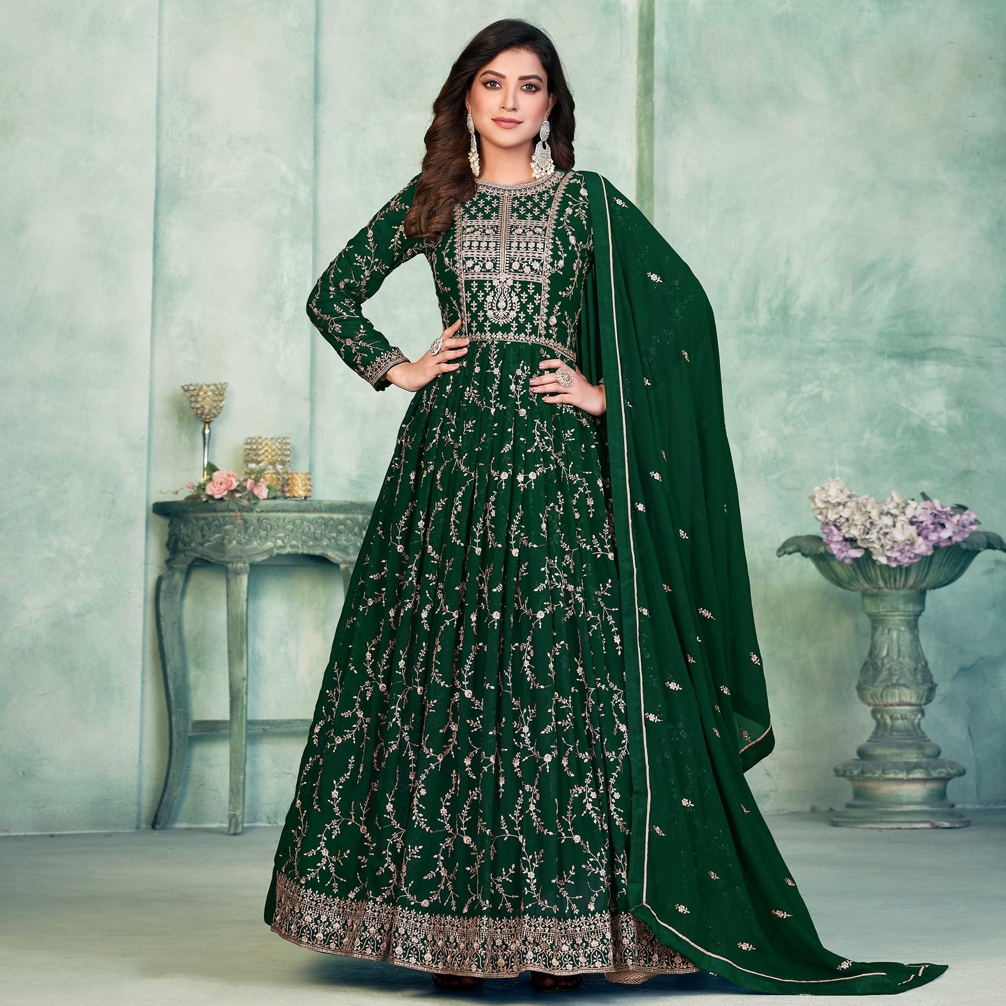 Green Embroidered Georgette Semi Stitched Anarkali Suit
