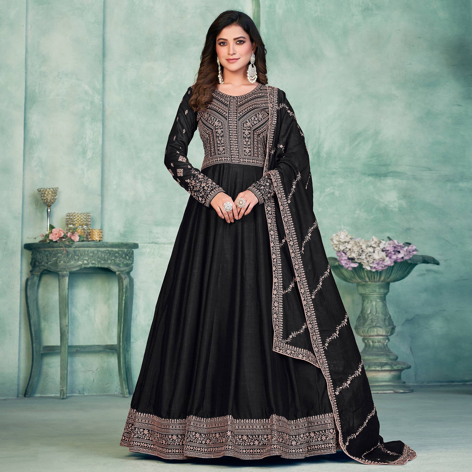 Black Embroidered Art Silk Semi Stitched Anarkali Suit
