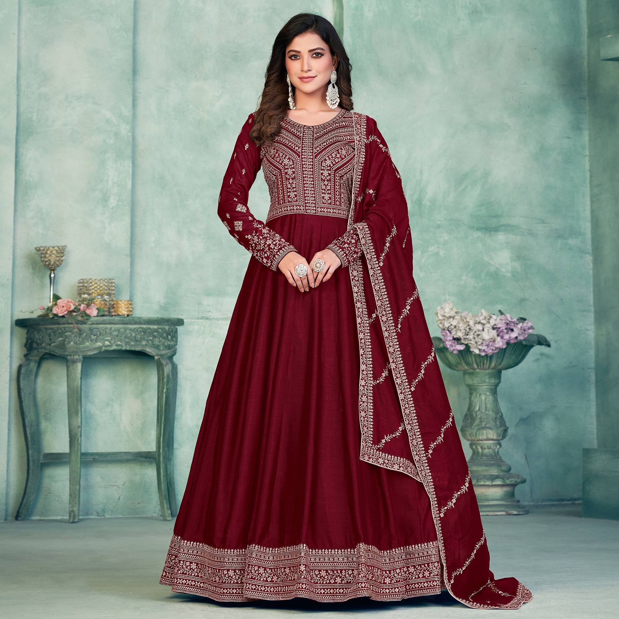 Maroon Embroidered Art Silk Semi Stitched Anarkali Suit