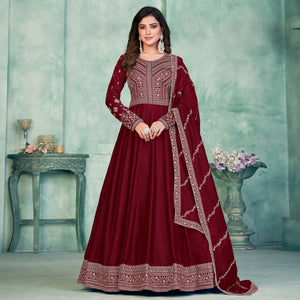 Maroon Embroidered Art Silk Semi Stitched Anarkali Suit