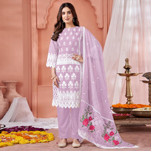 Mauve Floral Embroidered Organza Semi Stitched Suit