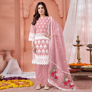 Peach Floral Embroidered Organza Semi Stitched Suit