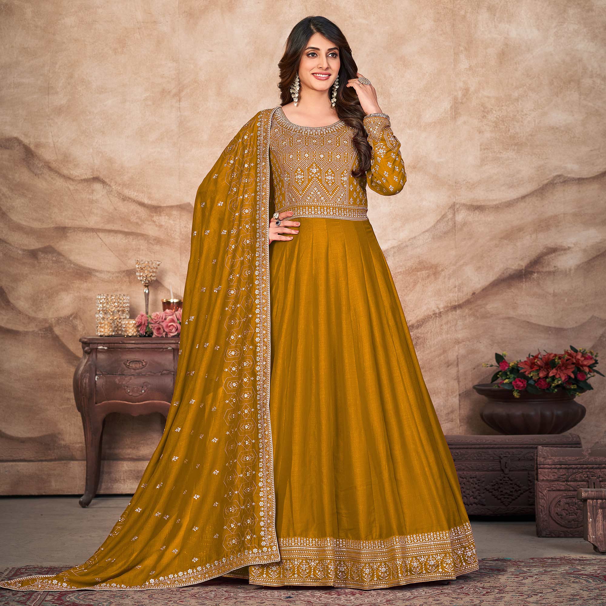Mustard Embroidered Art Silk Semi Stitched Anarkali Suit