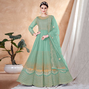Turquoise Floral Embroidered Net Semi Stitched Anarkali Suit