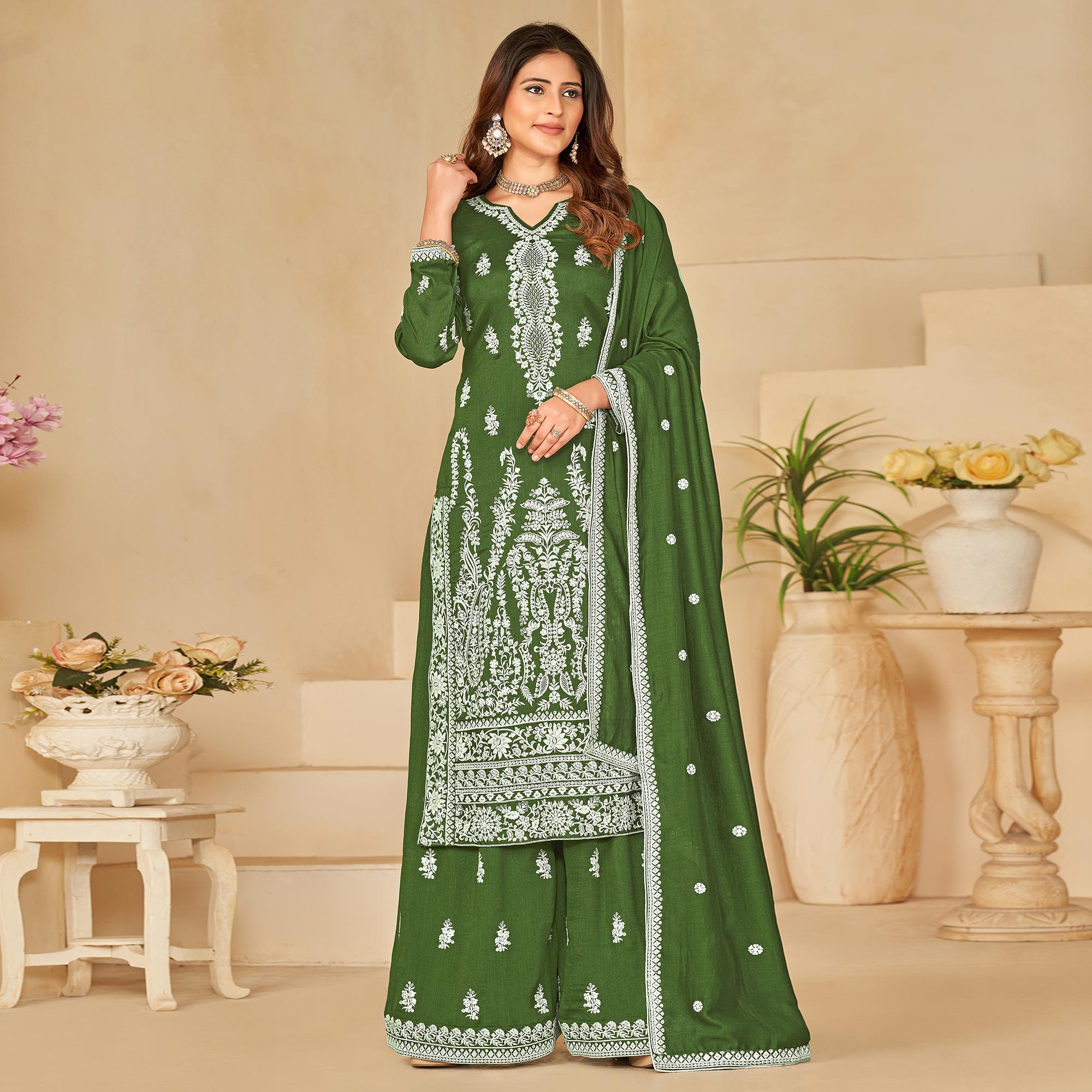 Green Floral Embroidered Art Silk Semi Stitched Palazzo Suit