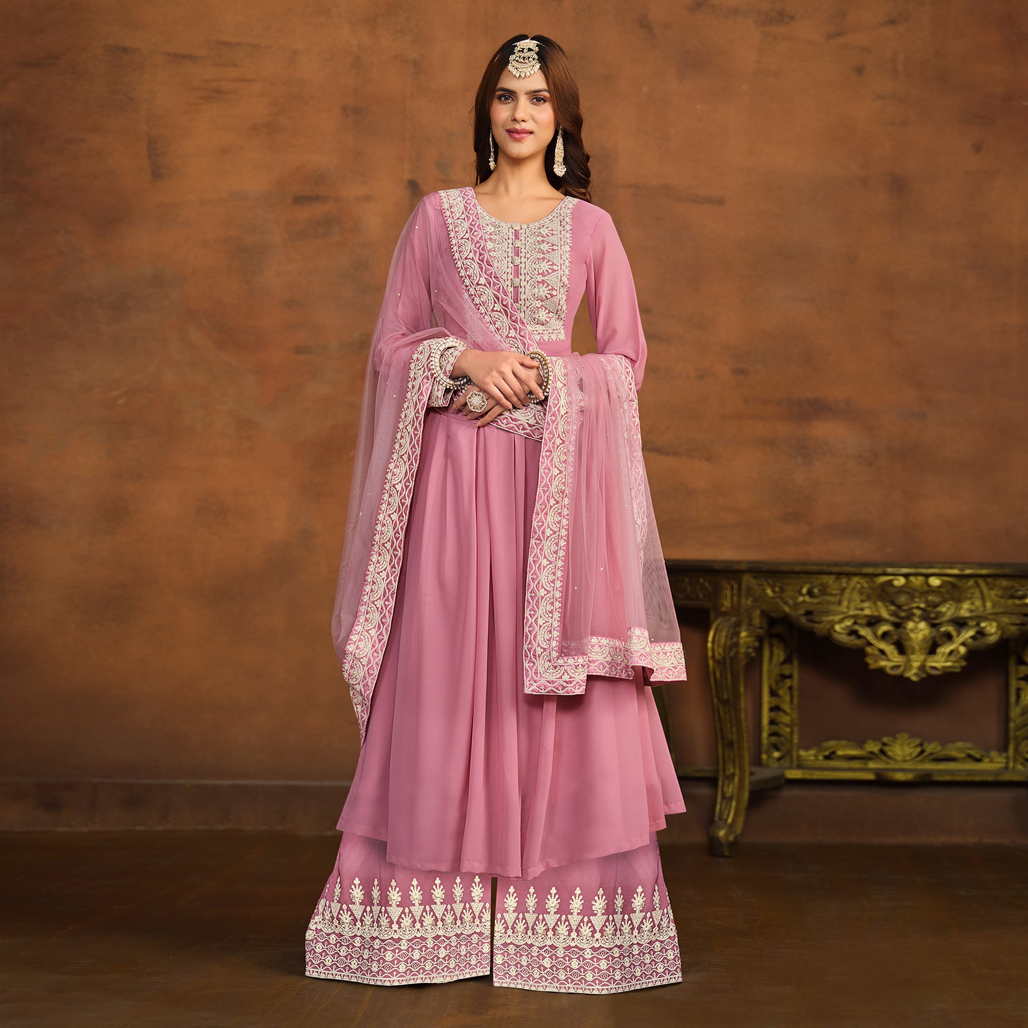 Pink Floral Embroidered Georgette Semi Stitched Palazzo Suit