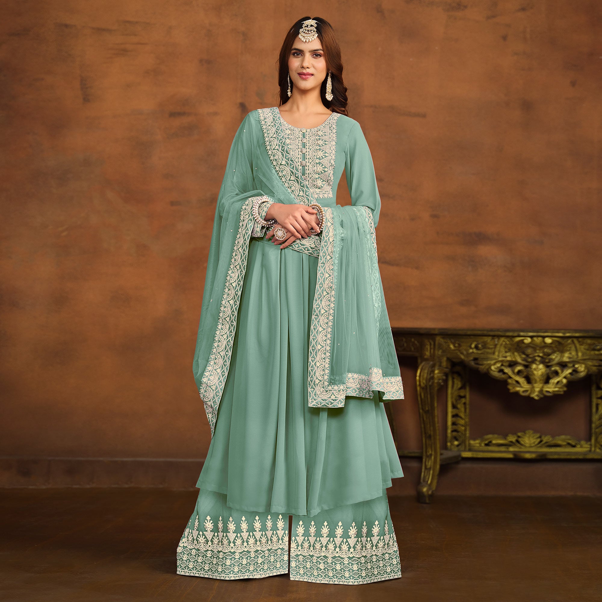 Blue Floral Embroidered Georgette Semi Stitched Palazzo Suit