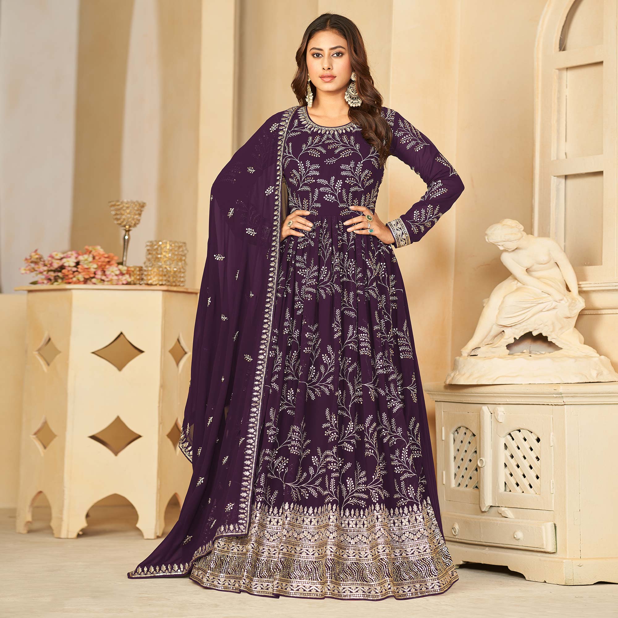 Purple Sequins Embroidered Georgette Anarkali Style Semi Stitched Gown