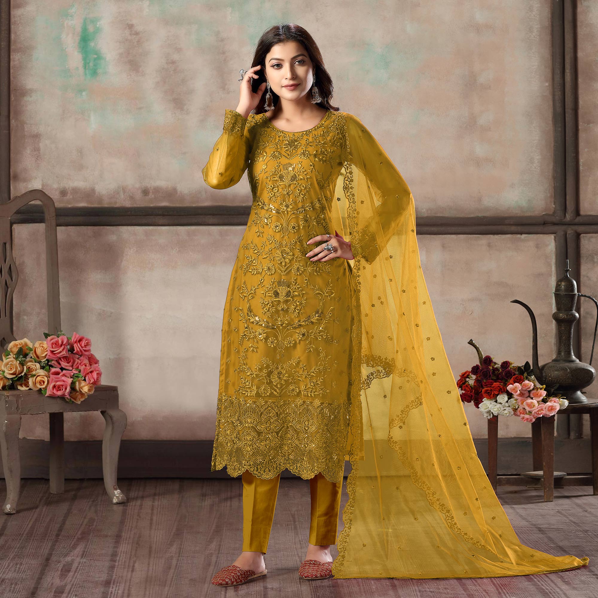 Mustard Floral Embroidered Net Suit