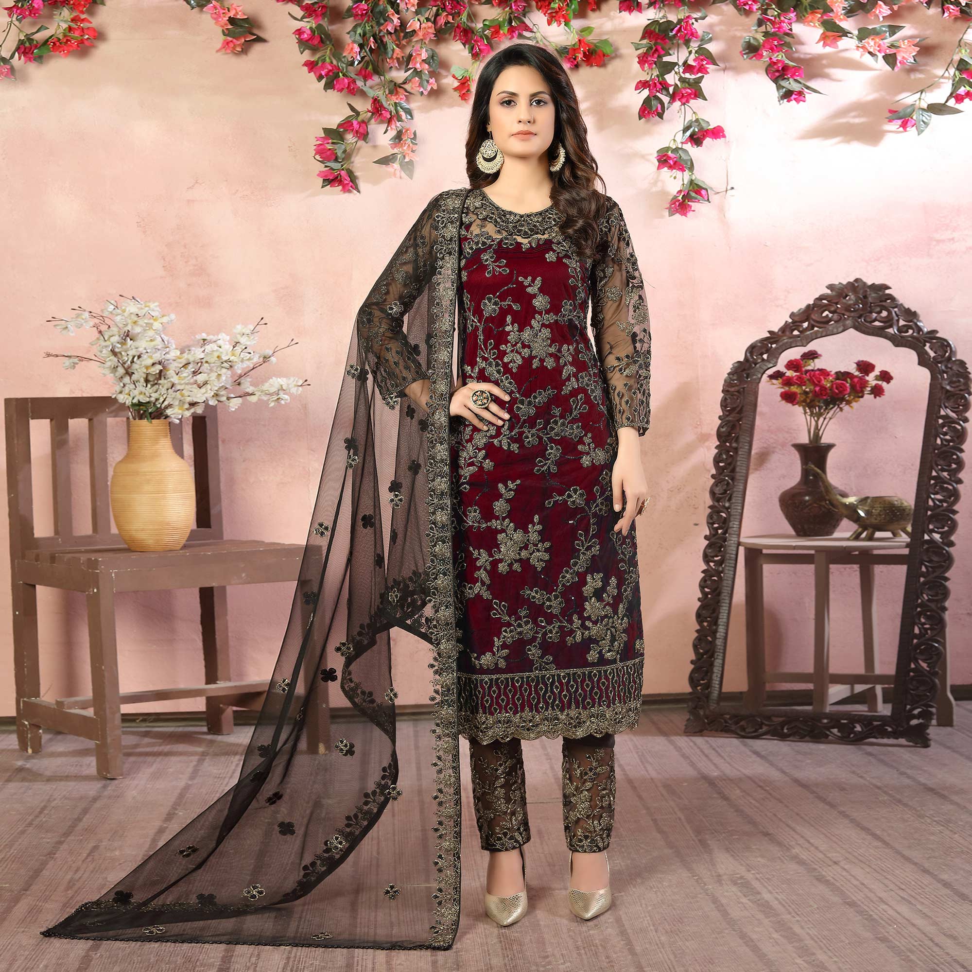 Maroon Floral Embroidered Net Semi Stitched Suit