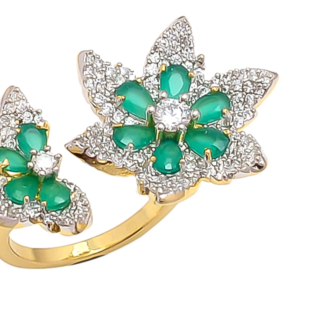 Golden American Diamond Green Stone Adjustable Ring