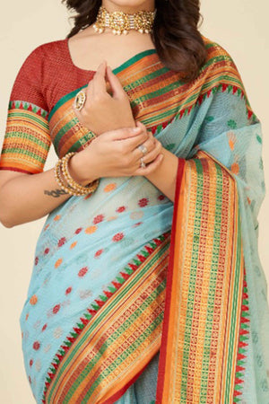 Sky Blue Zari Weaving Cotton Silk Saree