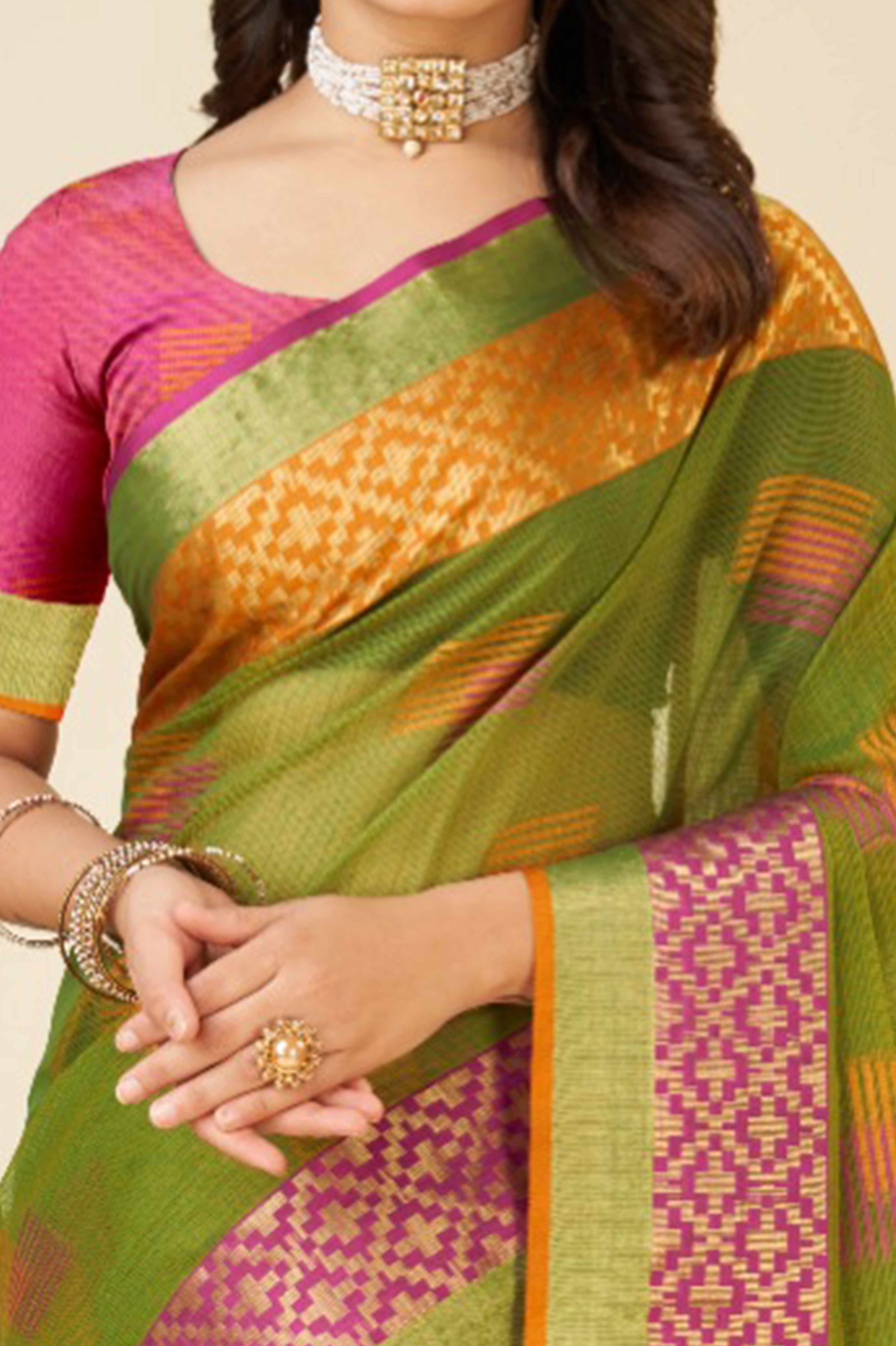Green Zari Weaving Cotton Blend Saree