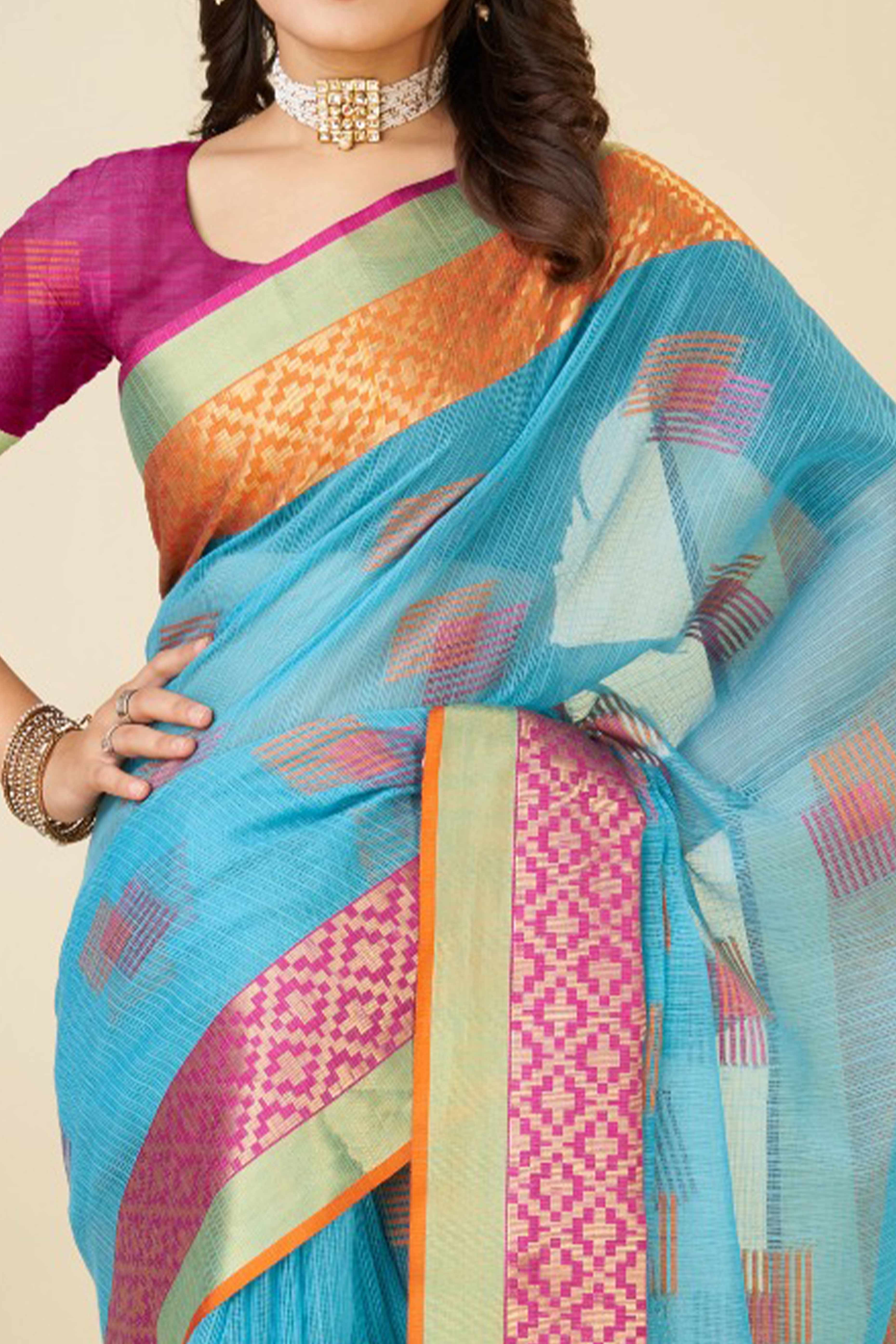 Sky Blue Zari Weaving Cotton Blend Saree
