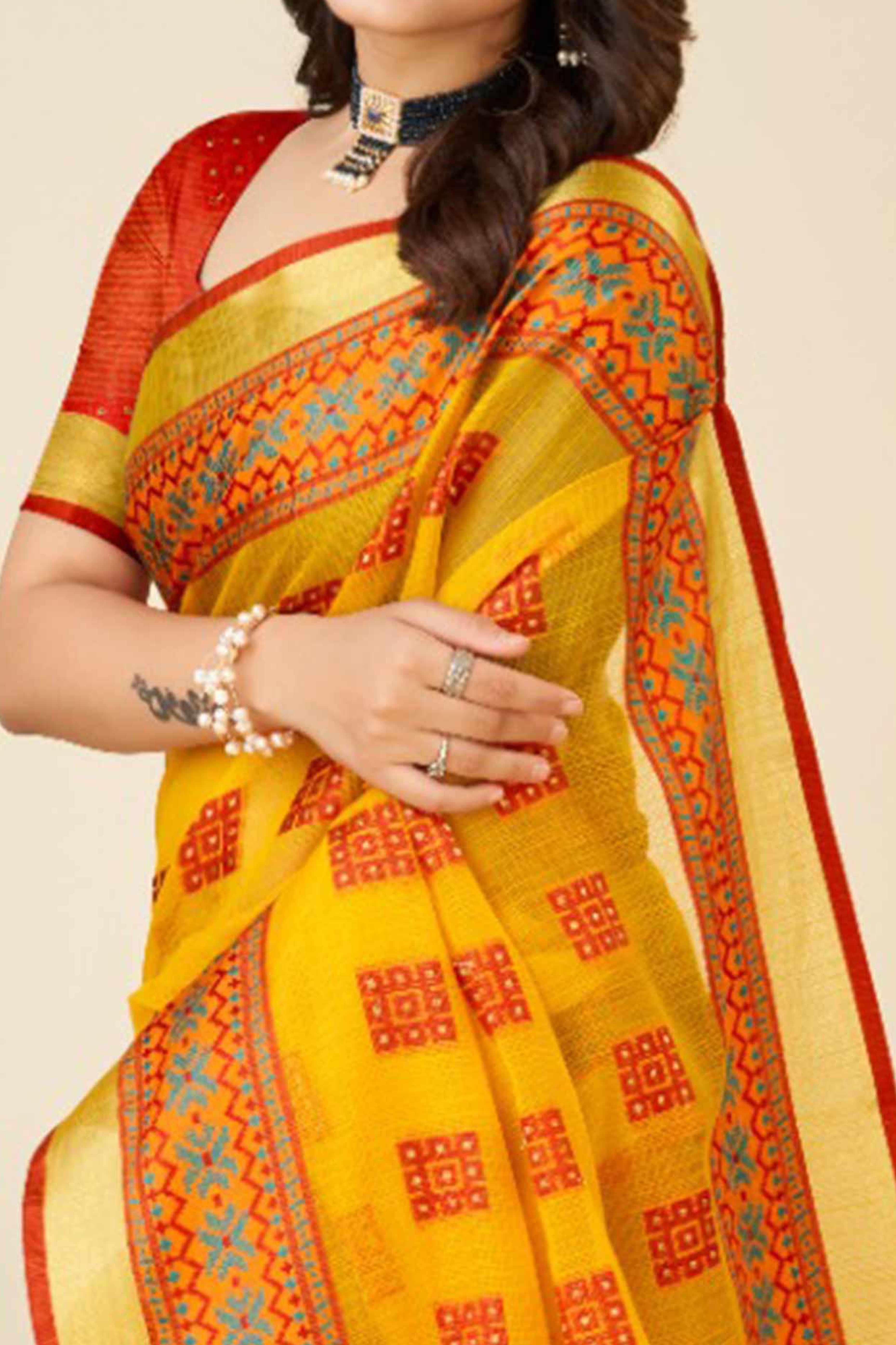 Yellow Zari Weaving Cotton Blend Saree