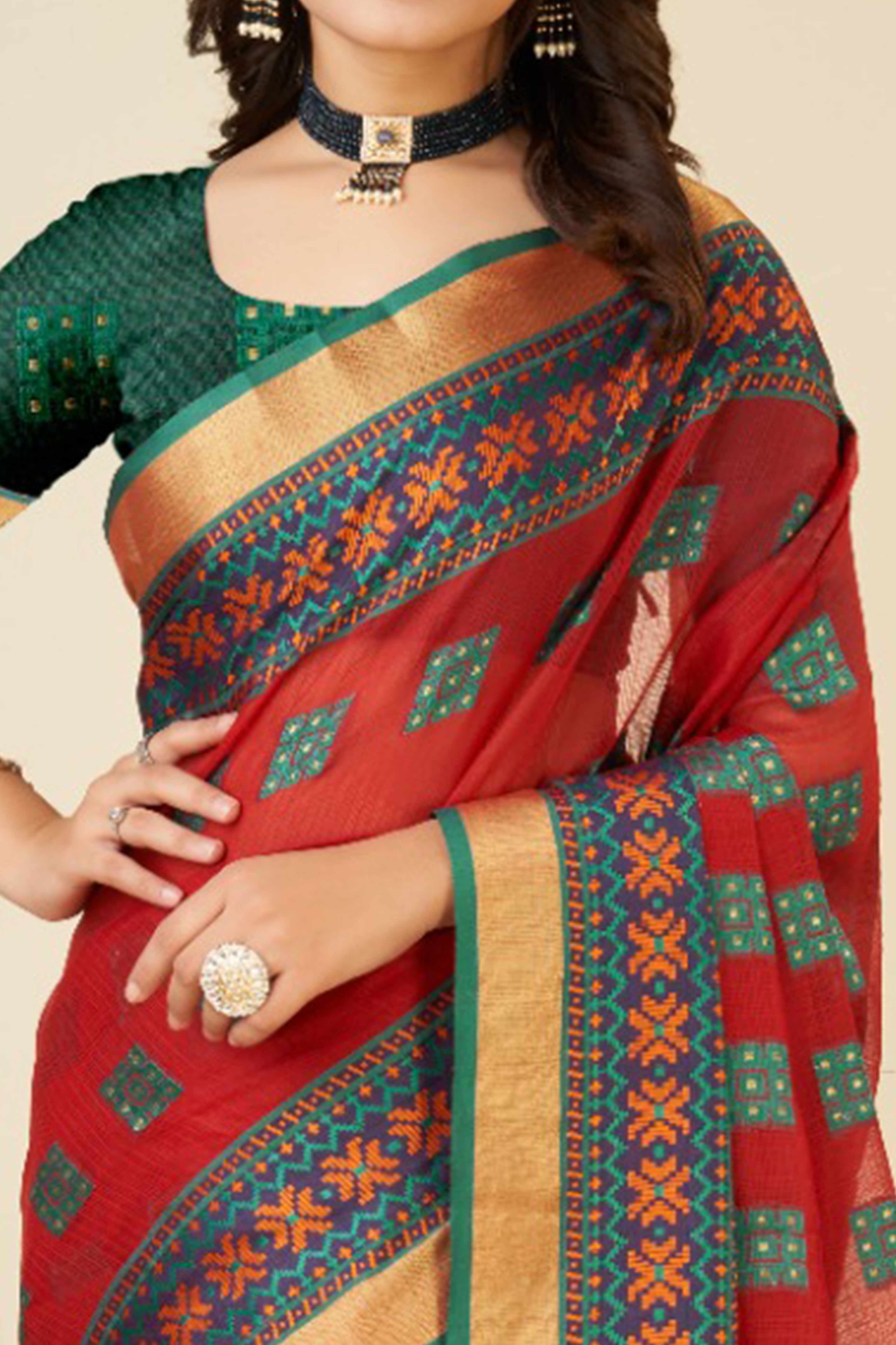 Red Zari Weaving Cotton Blend Saree