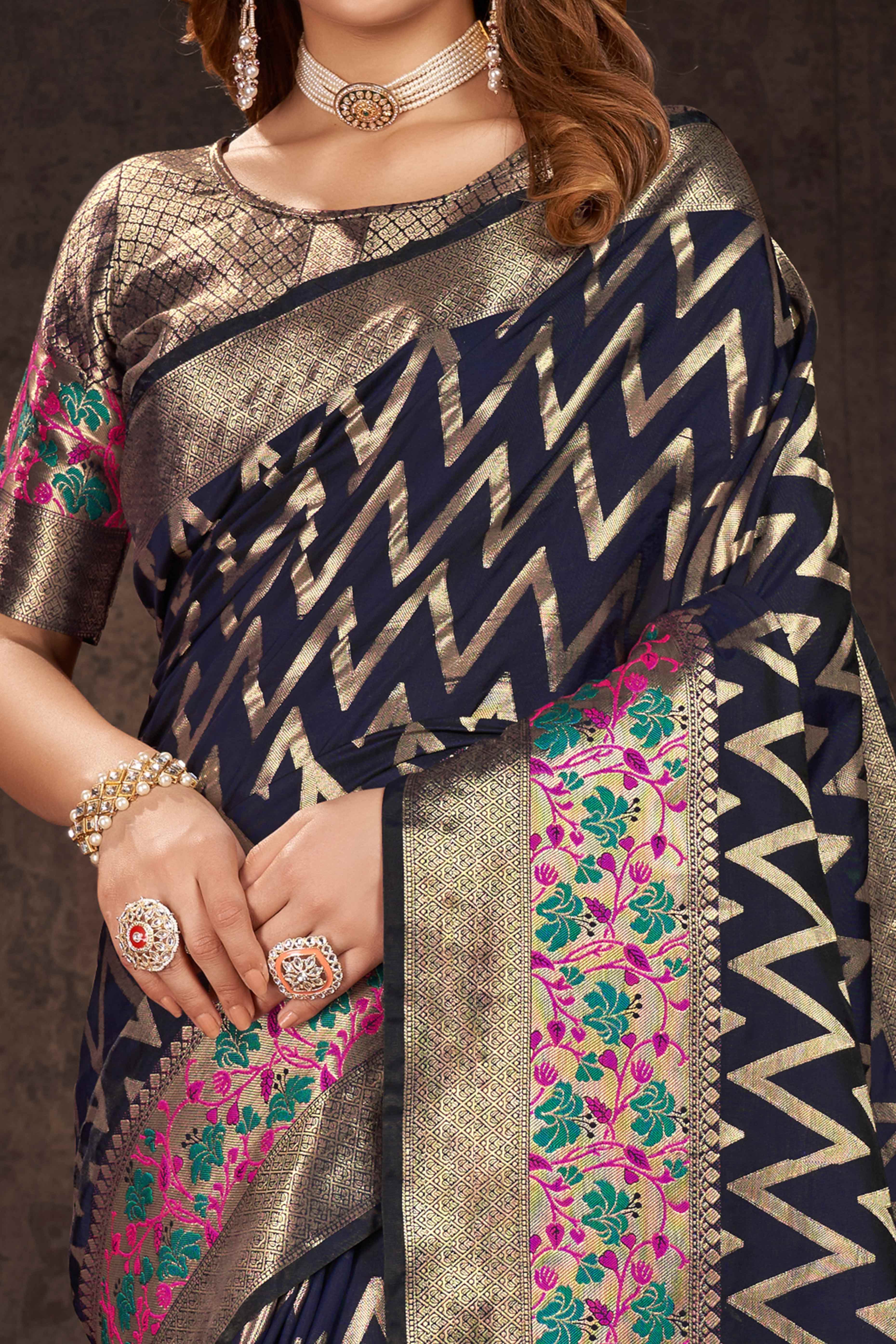 Navy Blue Zari Weaving Banarasi Silk Saree