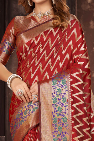 Red Zari Weaving Banarasi Silk Saree