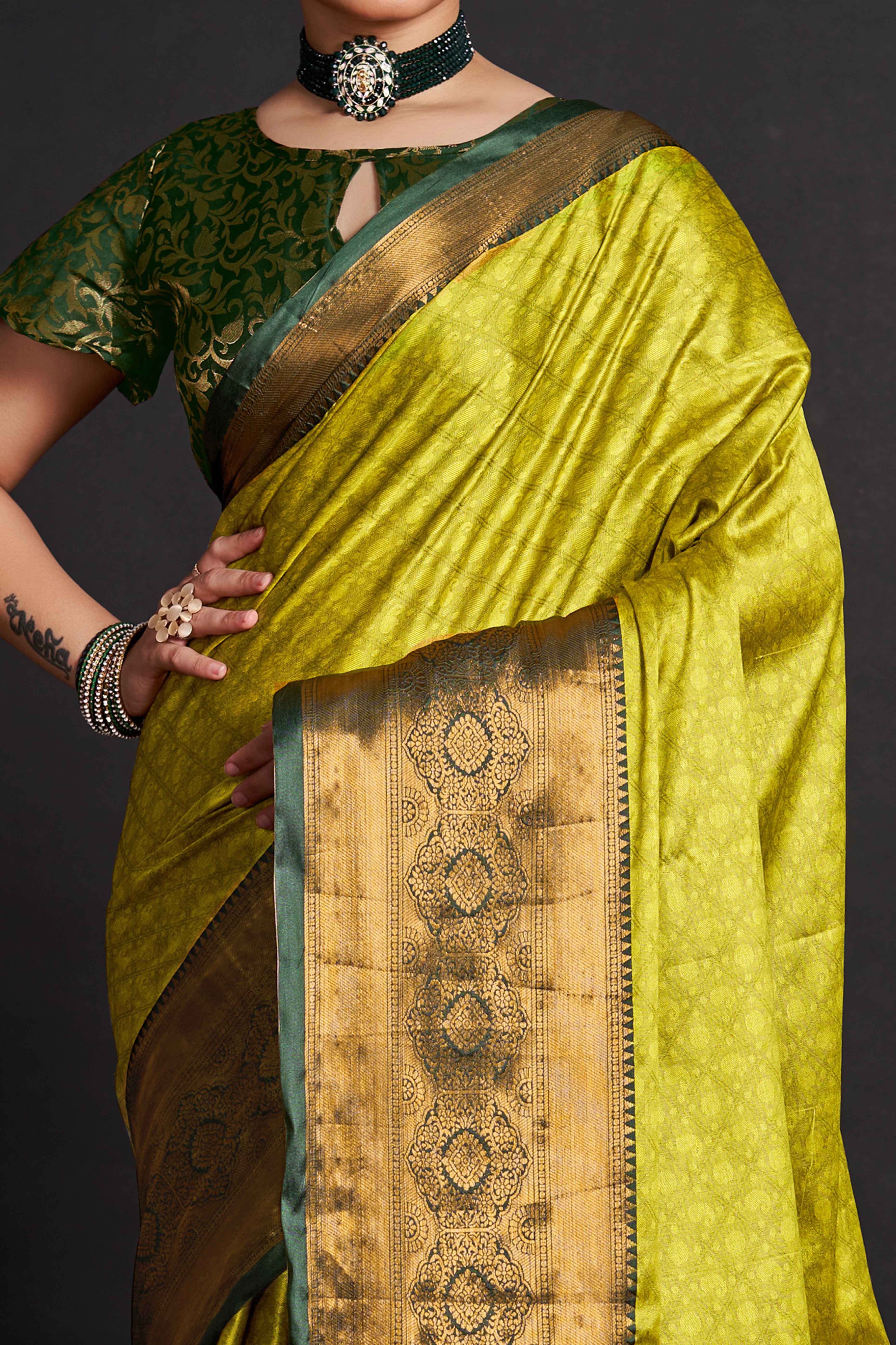 Lime Green Silk Blend Saree With Exquisite Zari Weaving & Graceful Tassels