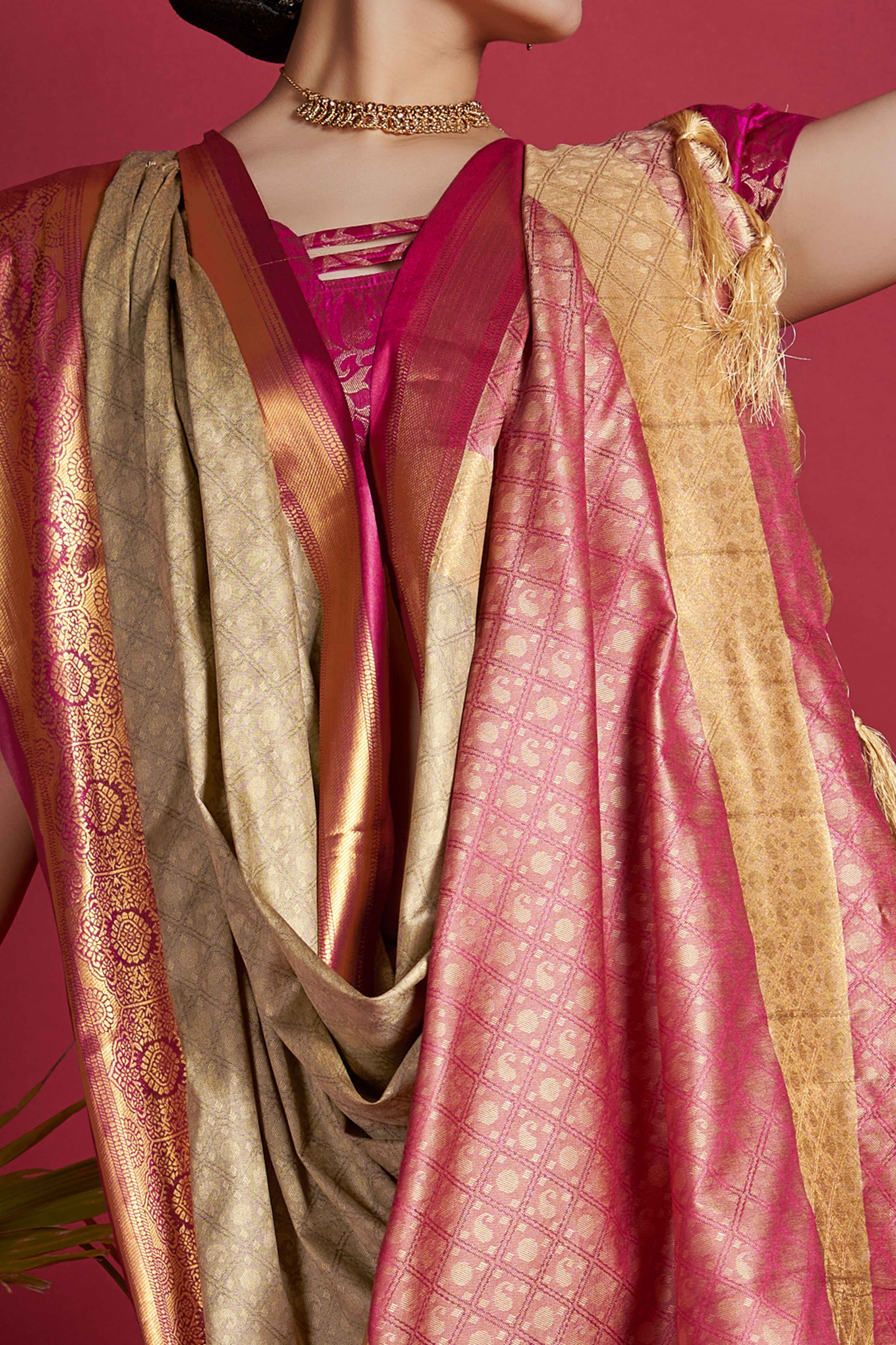 Chikoo Silk Blend Saree With Exquisite Zari Weaving & Graceful Tassels