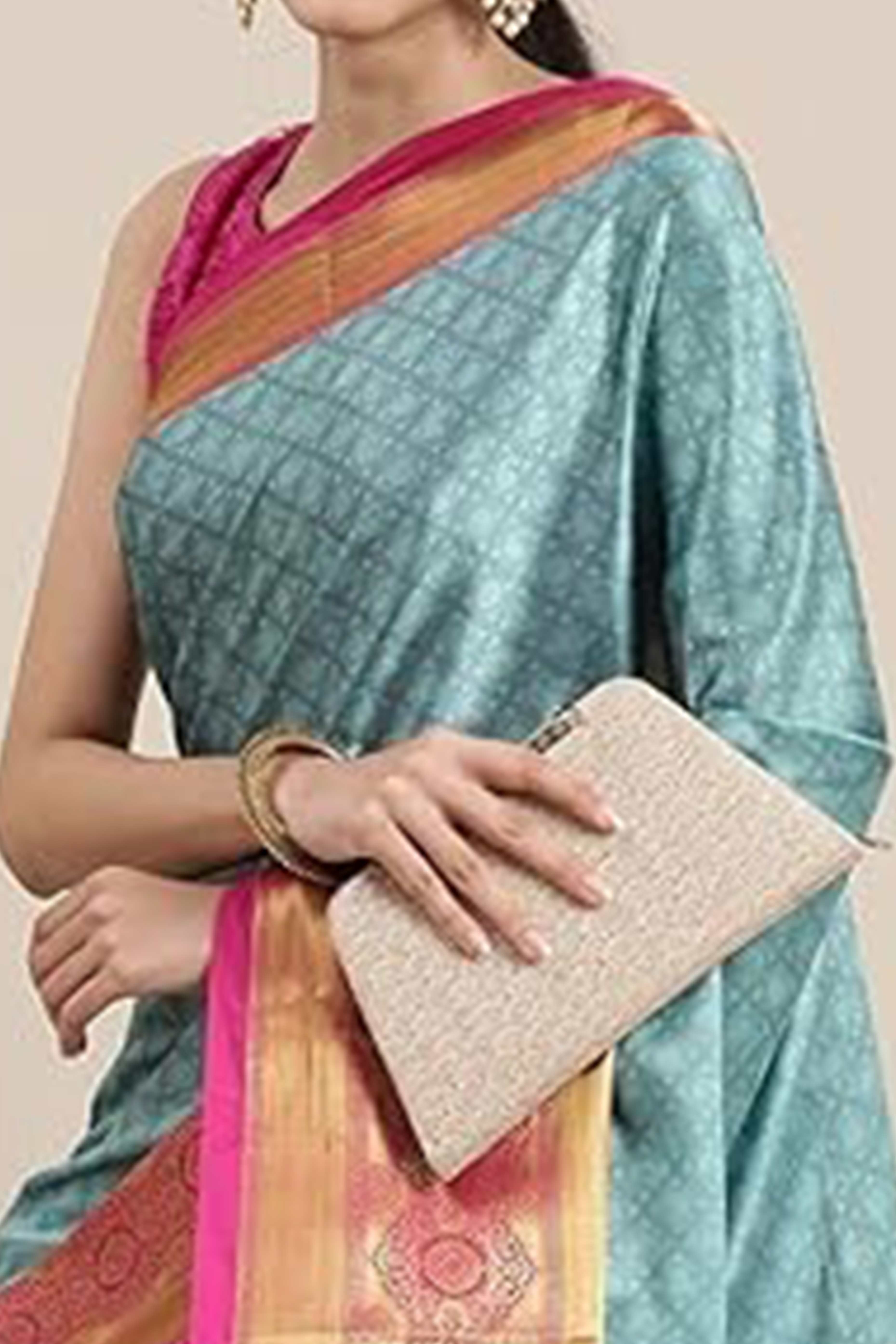 Sky Blue Silk Blend Saree With Exquisite Zari Weaving & Graceful Tassels