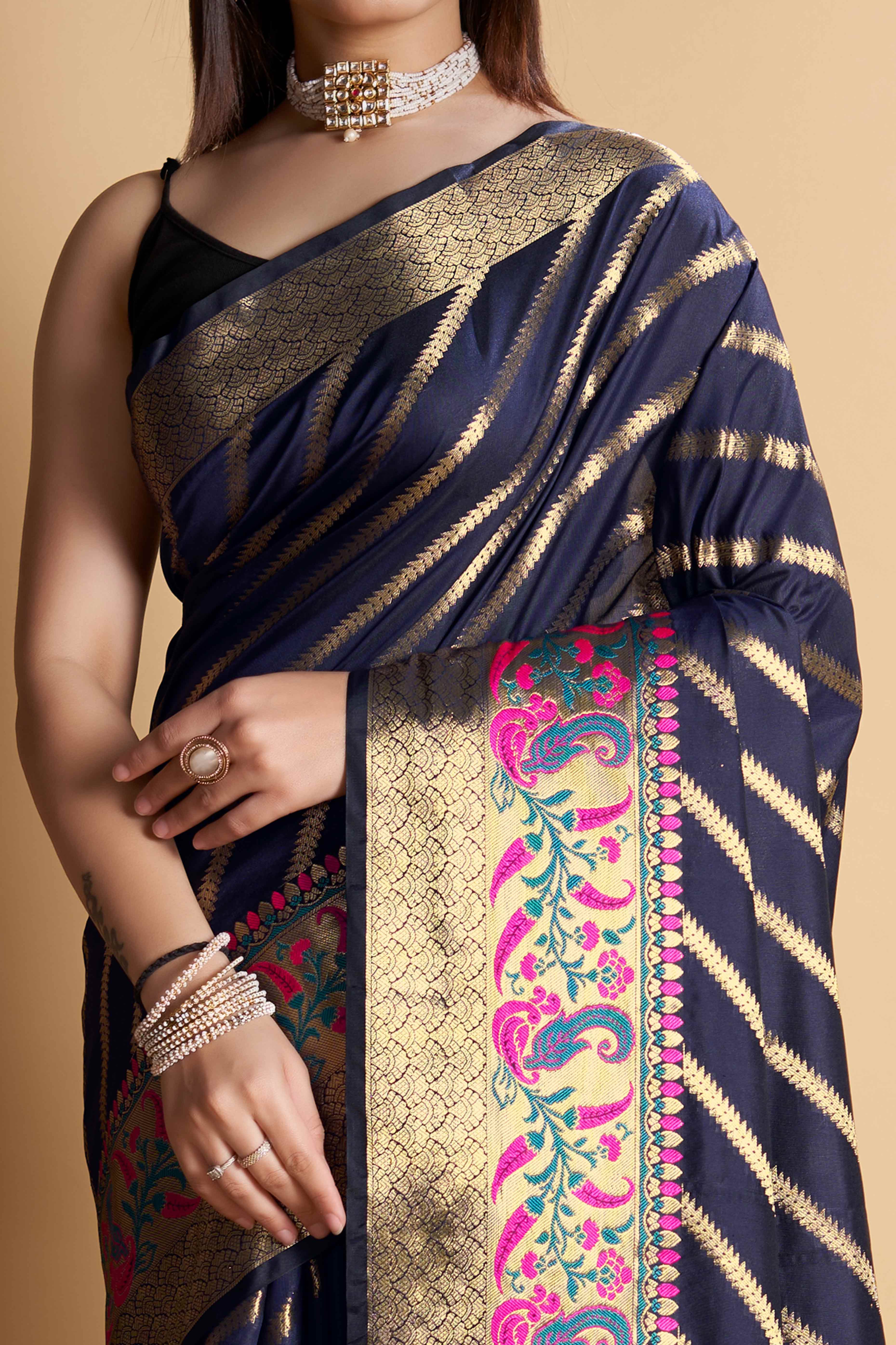 Navy Blue Zari Weaving Banarasi Silk Saree