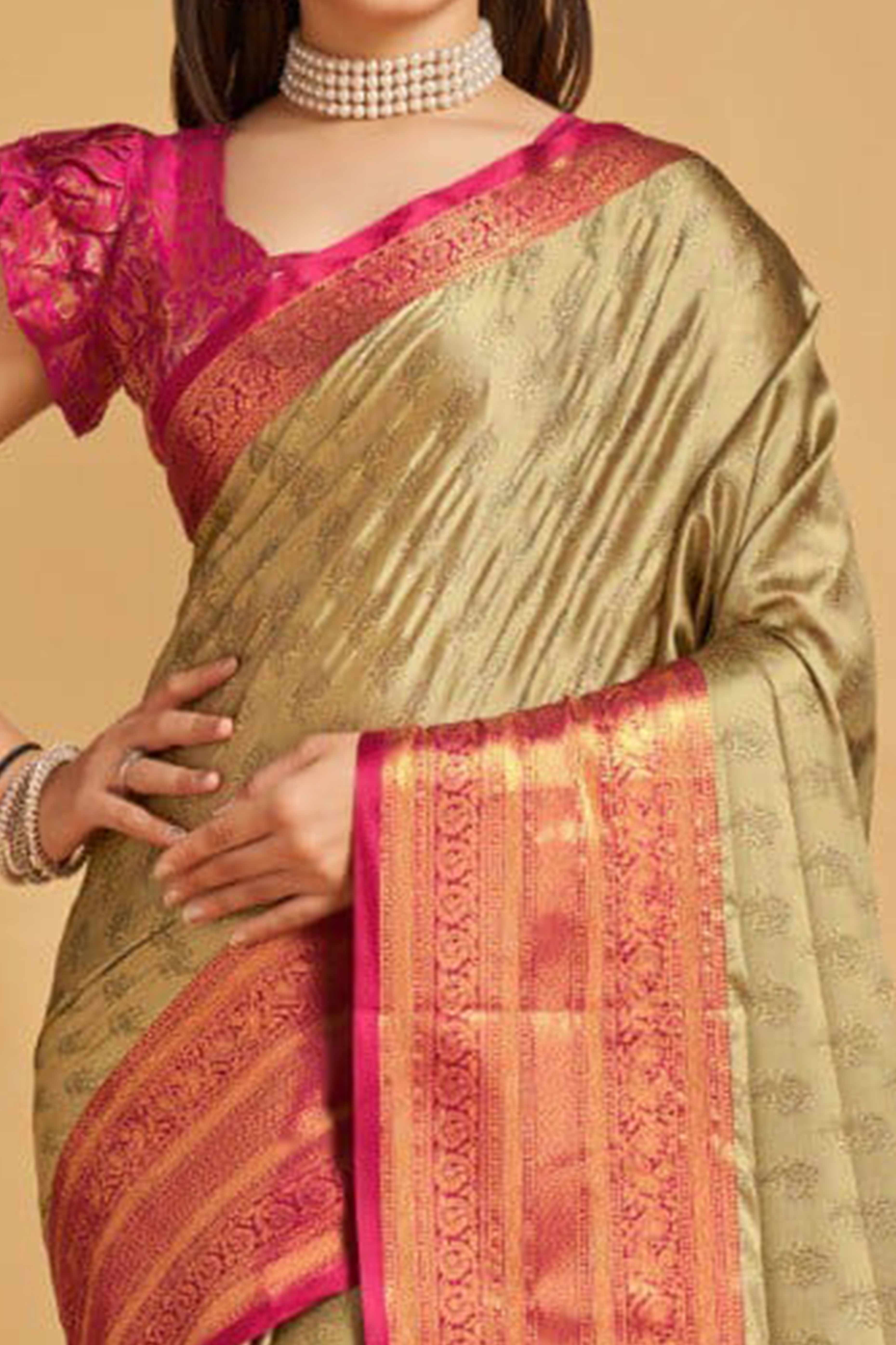 Beige Zari Weaving Banarasi Silk Saree