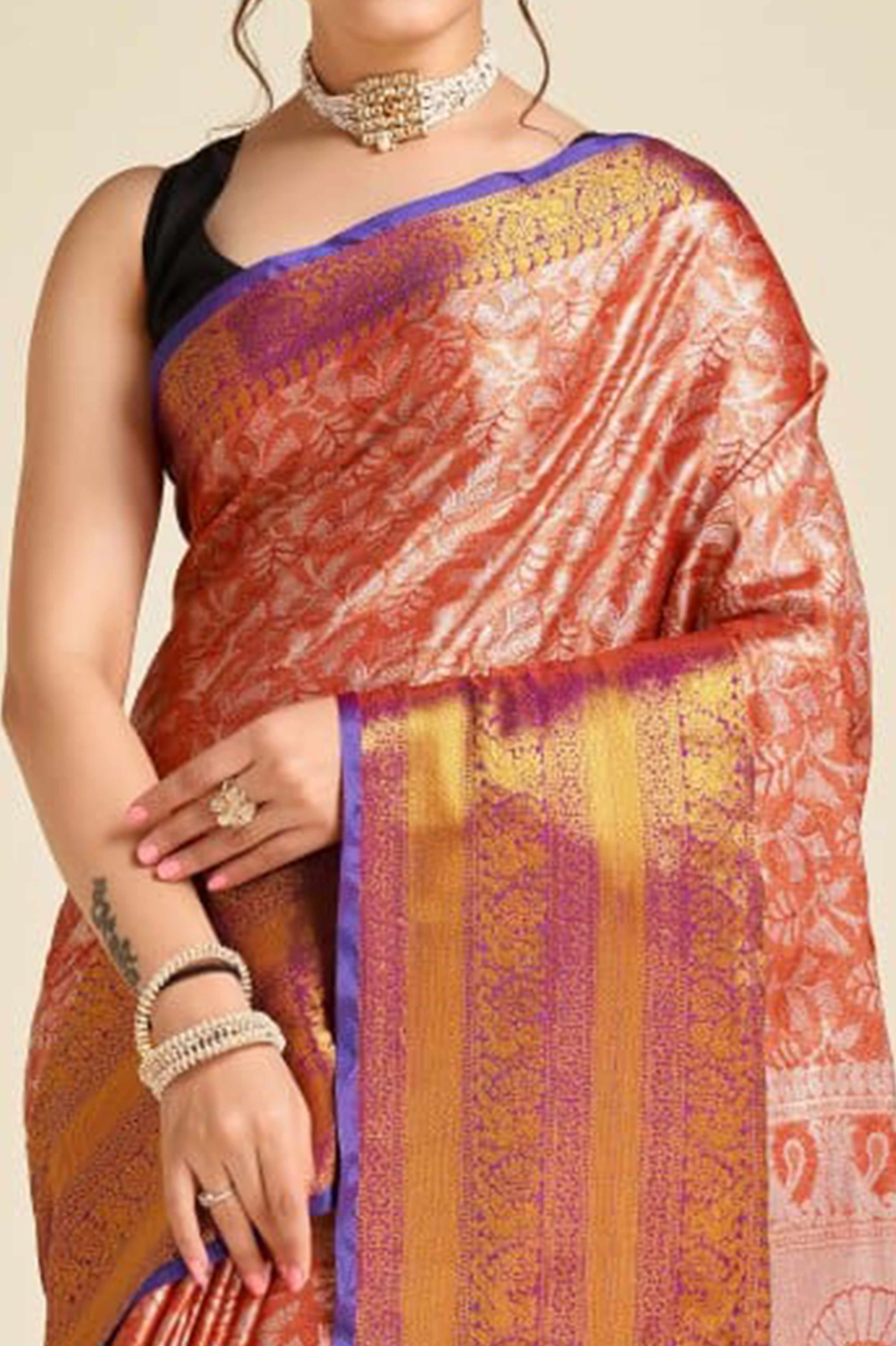 Orange Zari Weaving Banarasi Silk Saree