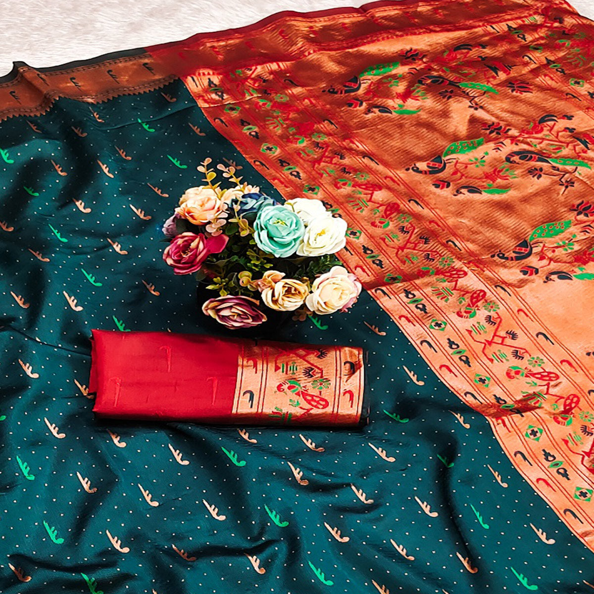 Morpich Green Woven Pure Silk Paithani Saree