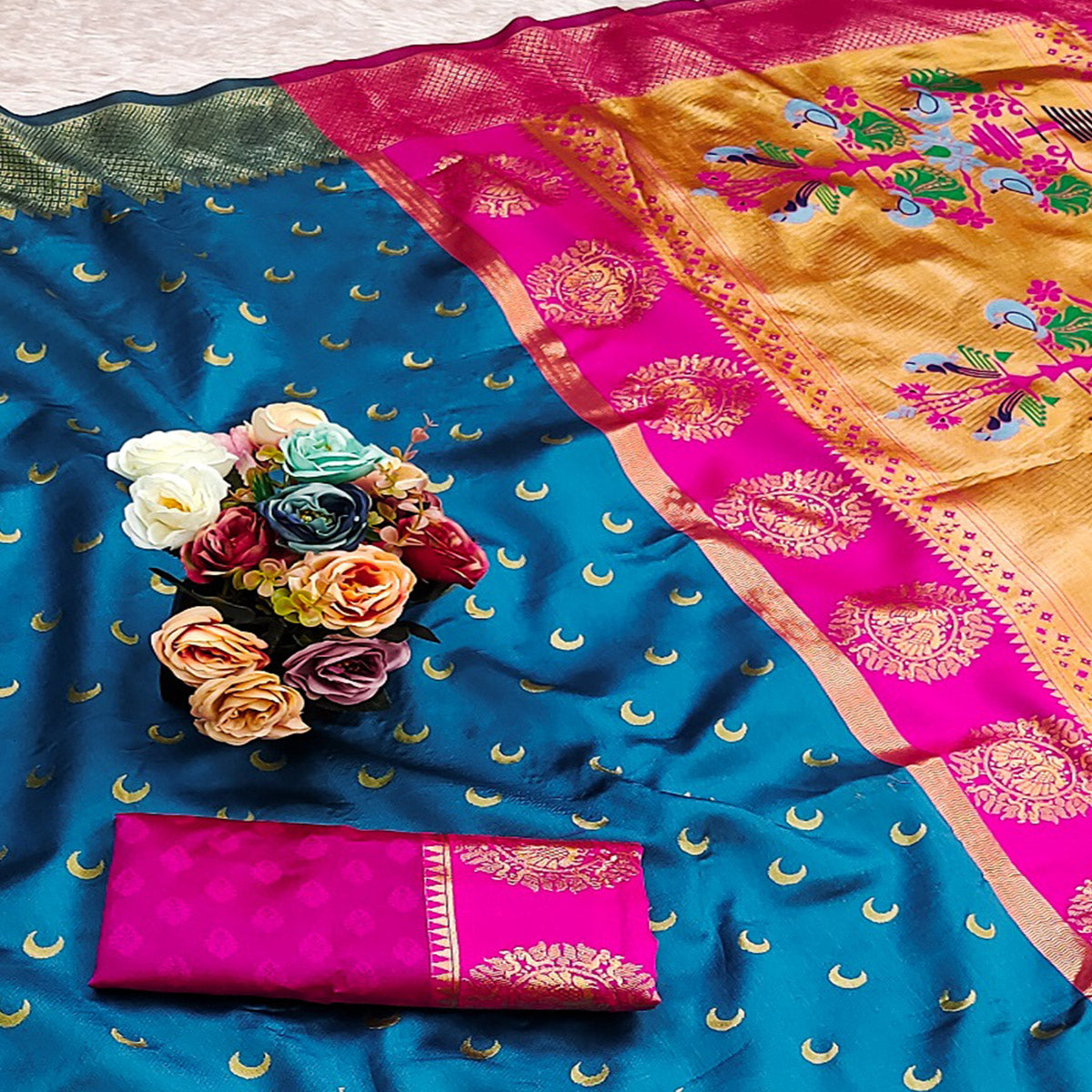 Blue Woven Pure Silk Chandrakor Paithani Saree