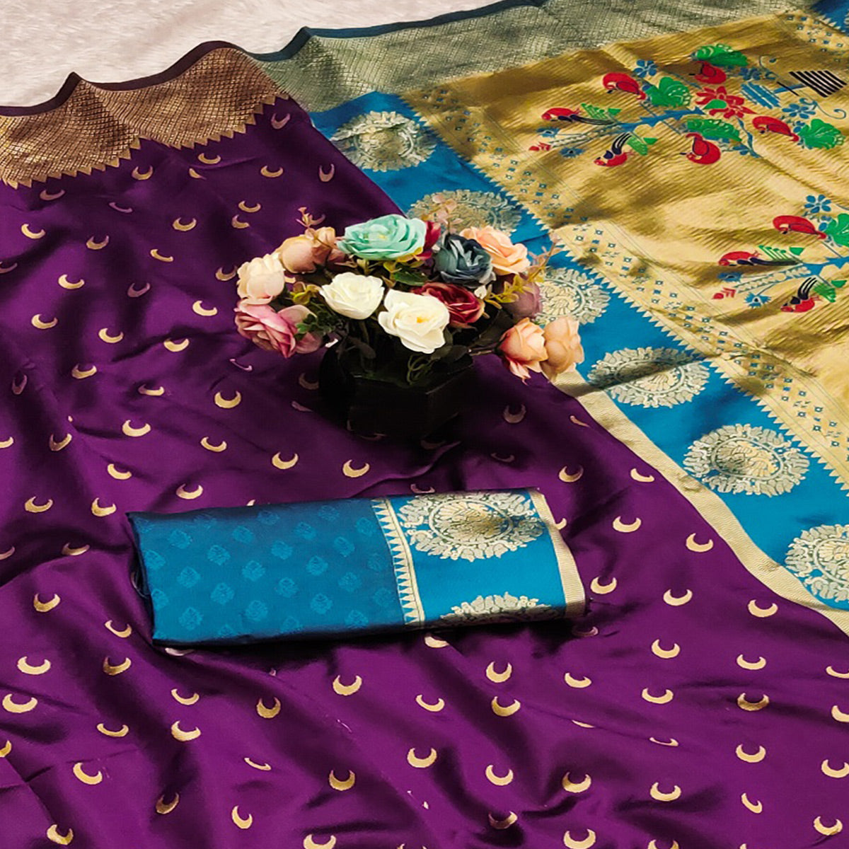 Purple Woven Pure Silk Chandrakor Paithani Saree