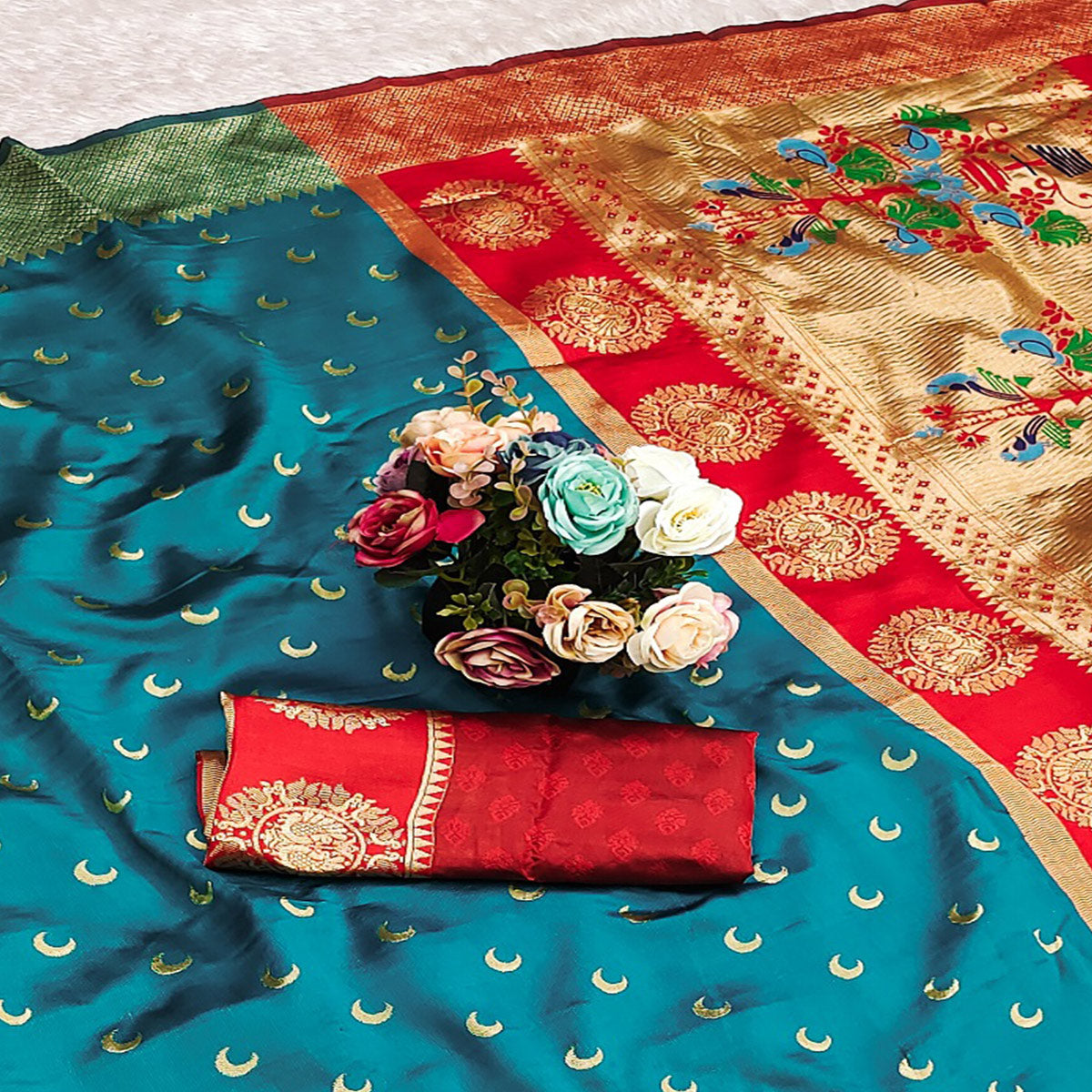 Rama Blue Woven Pure Silk Chandrakor Paithani Saree