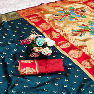 Dark Teal Blue Woven Pure Silk Chandrakor Paithani Saree