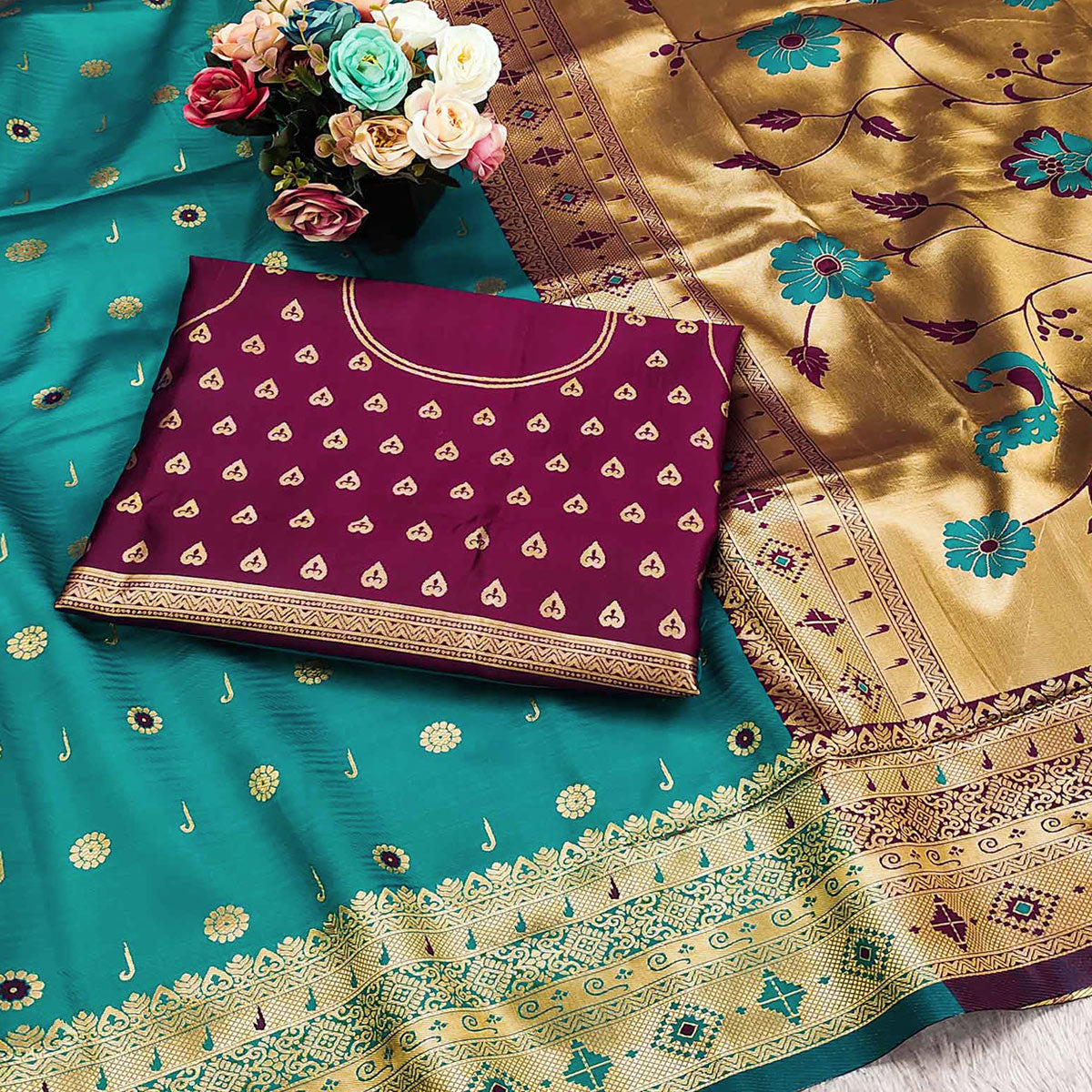 Rama Blue Pure Silk Paithani Saree With Intricate Floral Zari Weaving