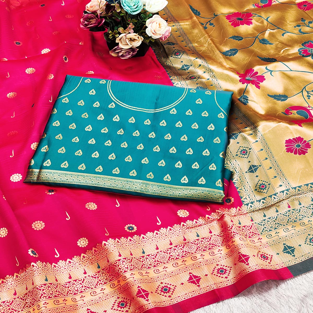 Pink Pure Silk Paithani Saree With Intricate Floral Zari Weaving