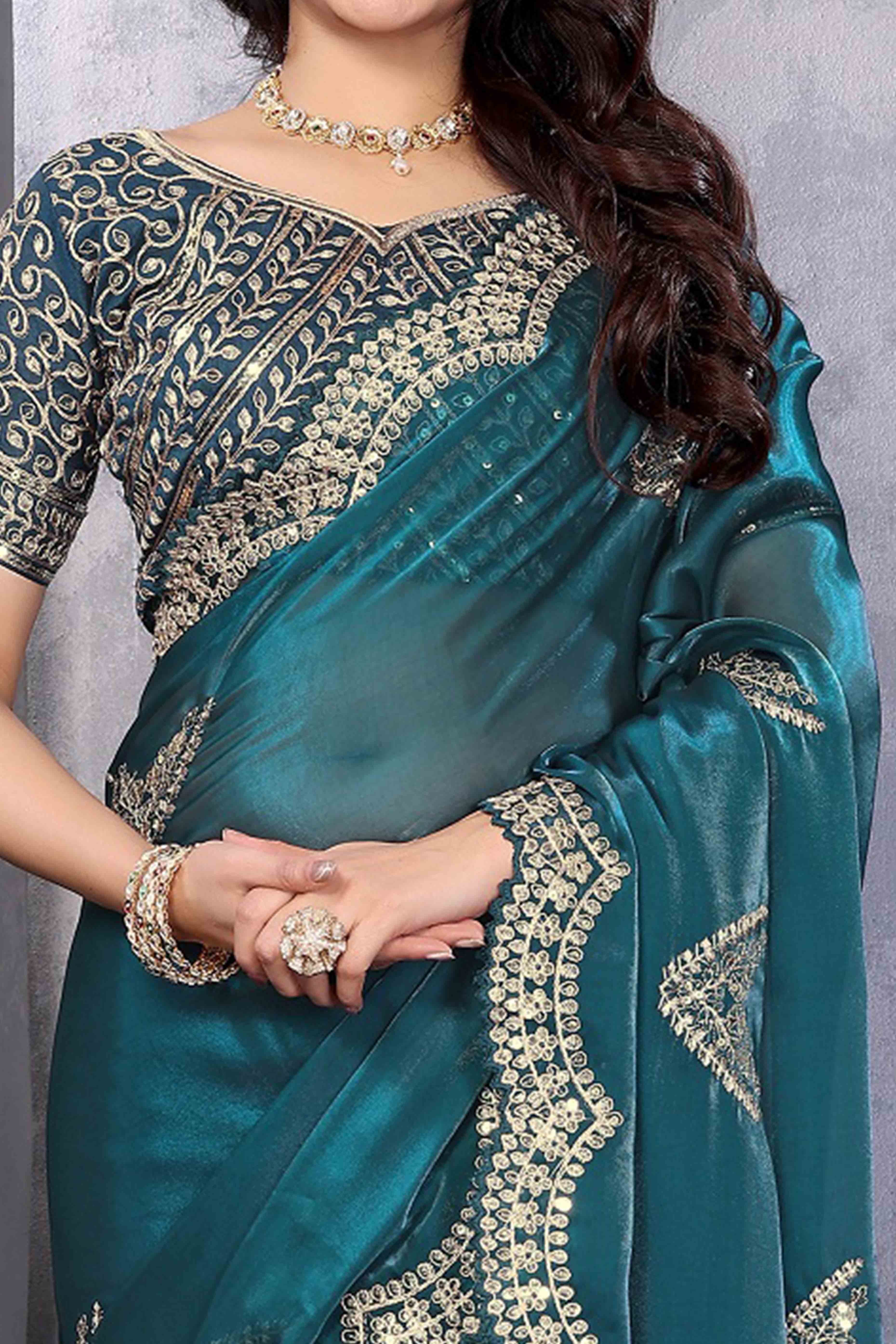 Teal Floral Sequins Embroidered Shimmer Chiffon Saree