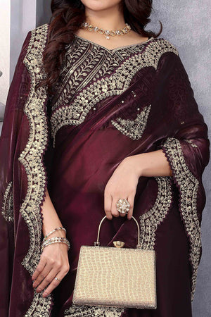 Dark Wine Floral Sequins Embroidered Shimmer Chiffon Saree