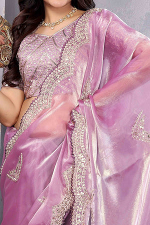 Light Purple Floral Sequins Embroidered Shimmer Chiffon Saree