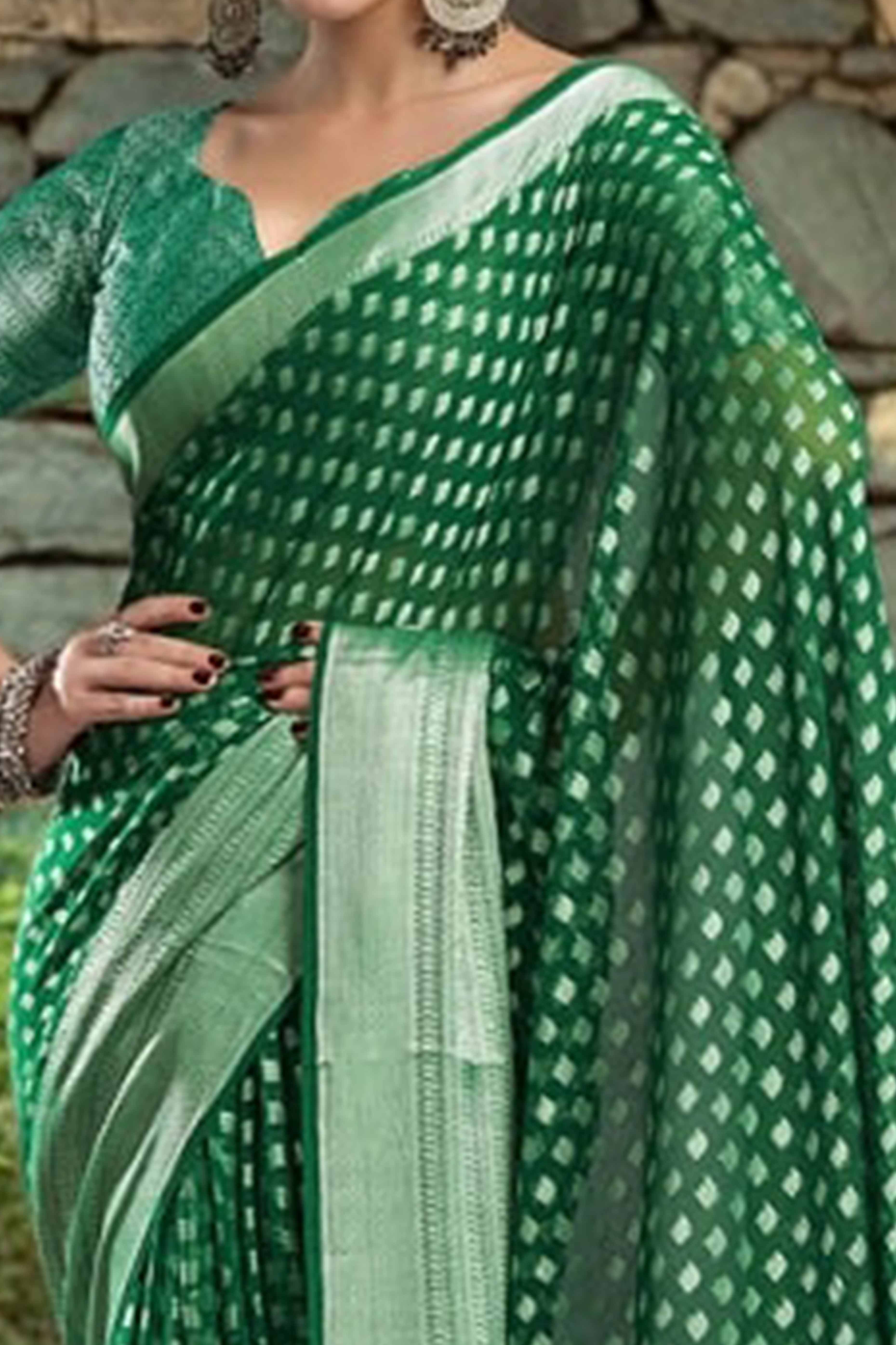 Green Weaving Jacquard Georgette Saree Featuring Ornamental Pallu Design
