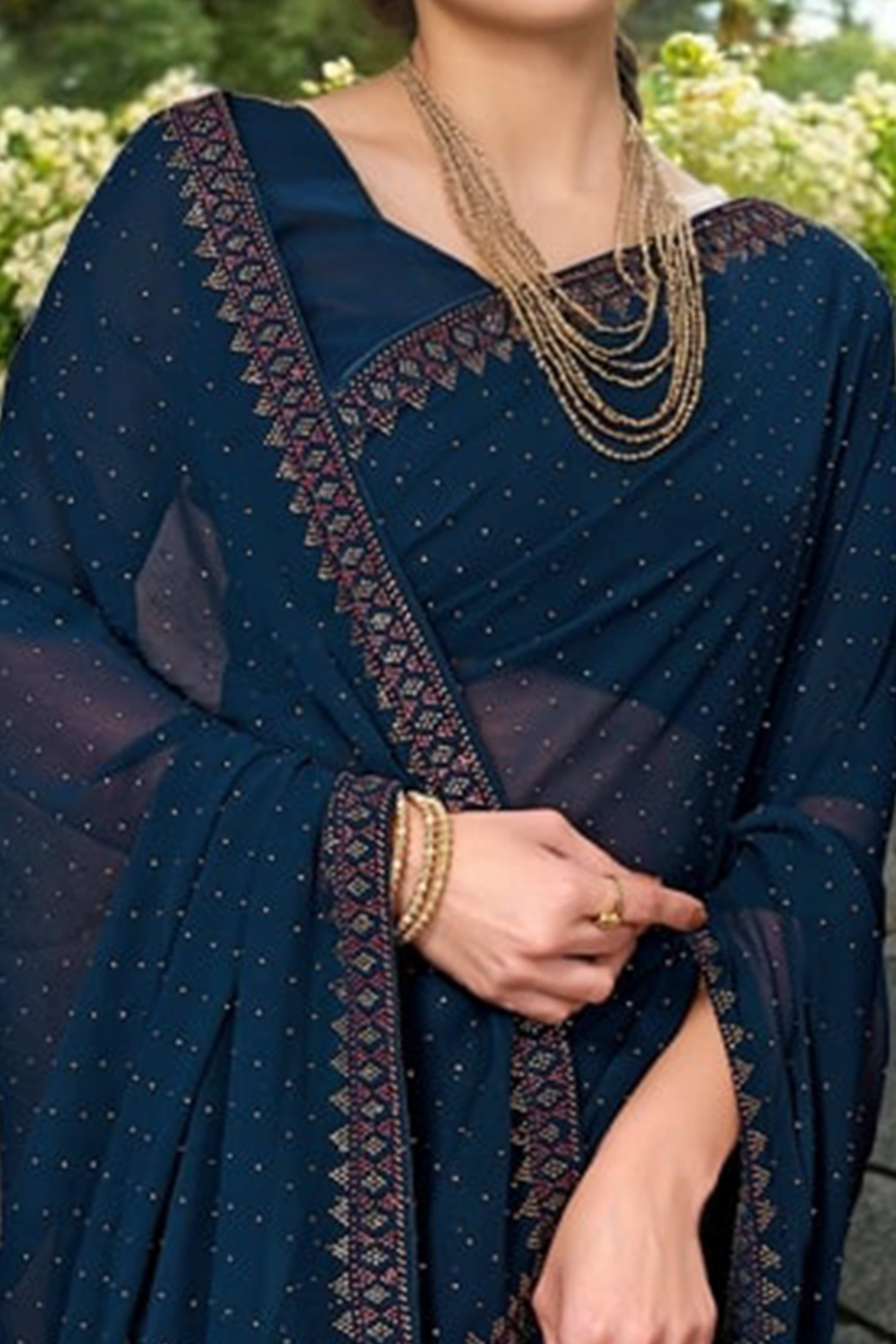 Navy Blue Rangoli Dola Silk Saree Embellished With Diamond Work And Elegant Border