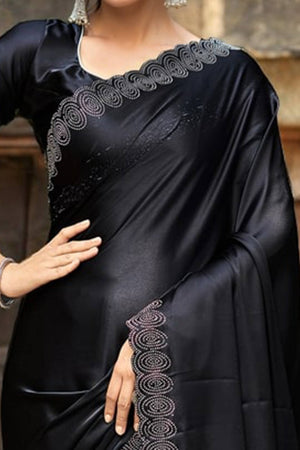 Black Solid Rangoli Dola Silk Saree Featuring Sparkling Swarovski Work Border
