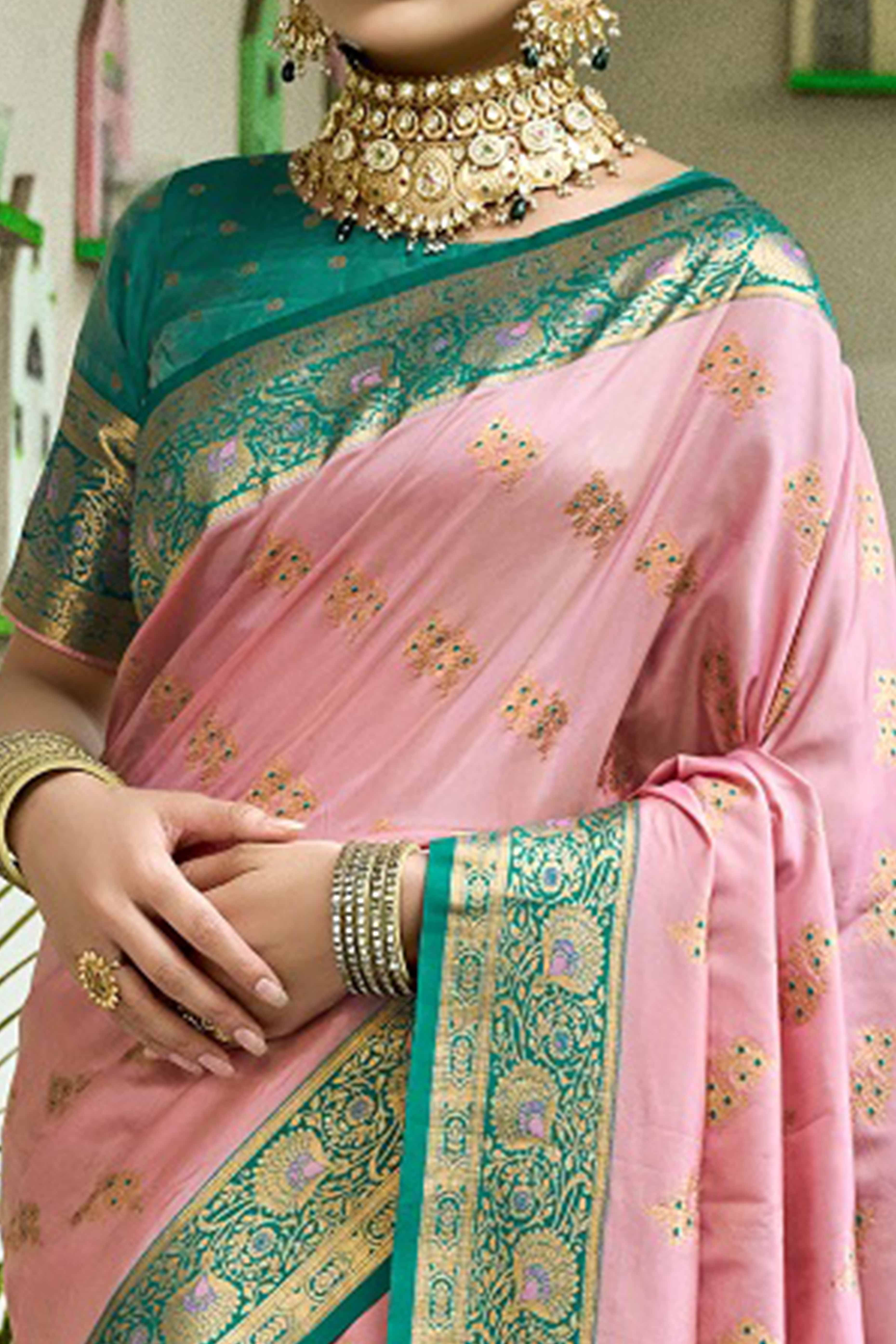 Peach Silk Blend Saree Featuring Intricate Floral Zari Work