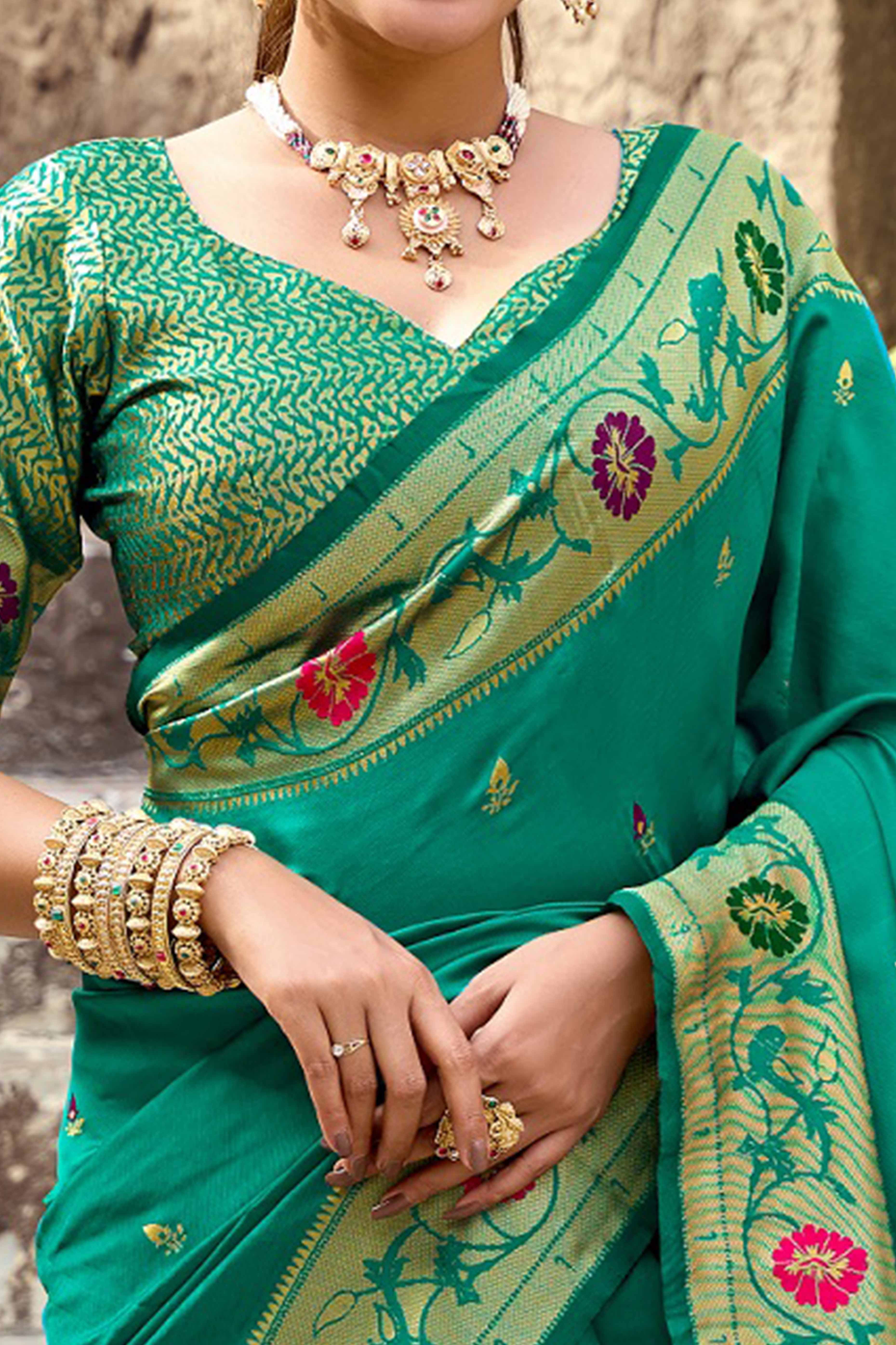 Rama Green Paithani Style Soft Silk Saree with Zari Weaving