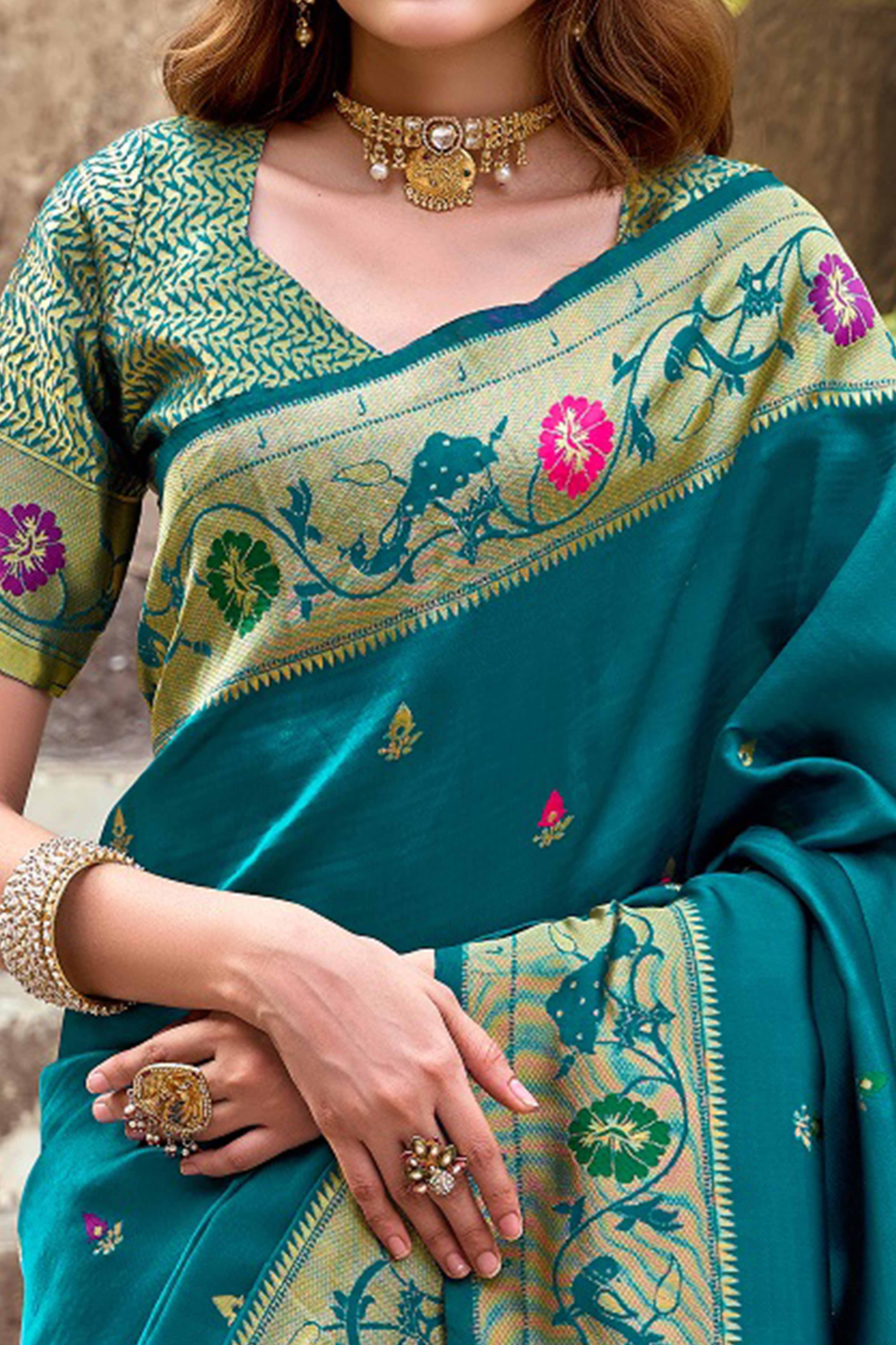 Teal Paithani Style Soft Silk Saree with Zari Weaving