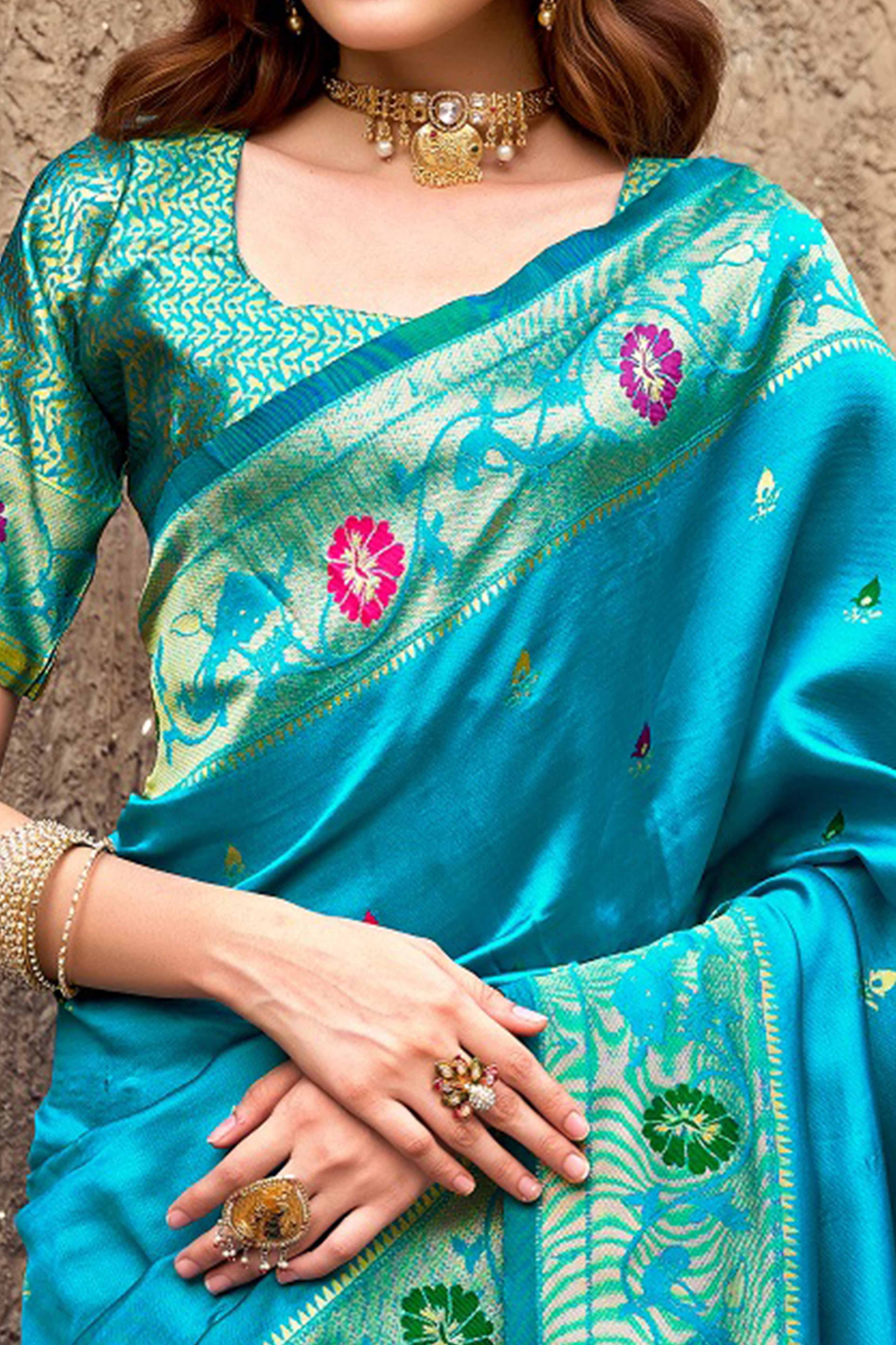 Rama Blue Paithani Style Soft Silk Saree with Zari Weaving