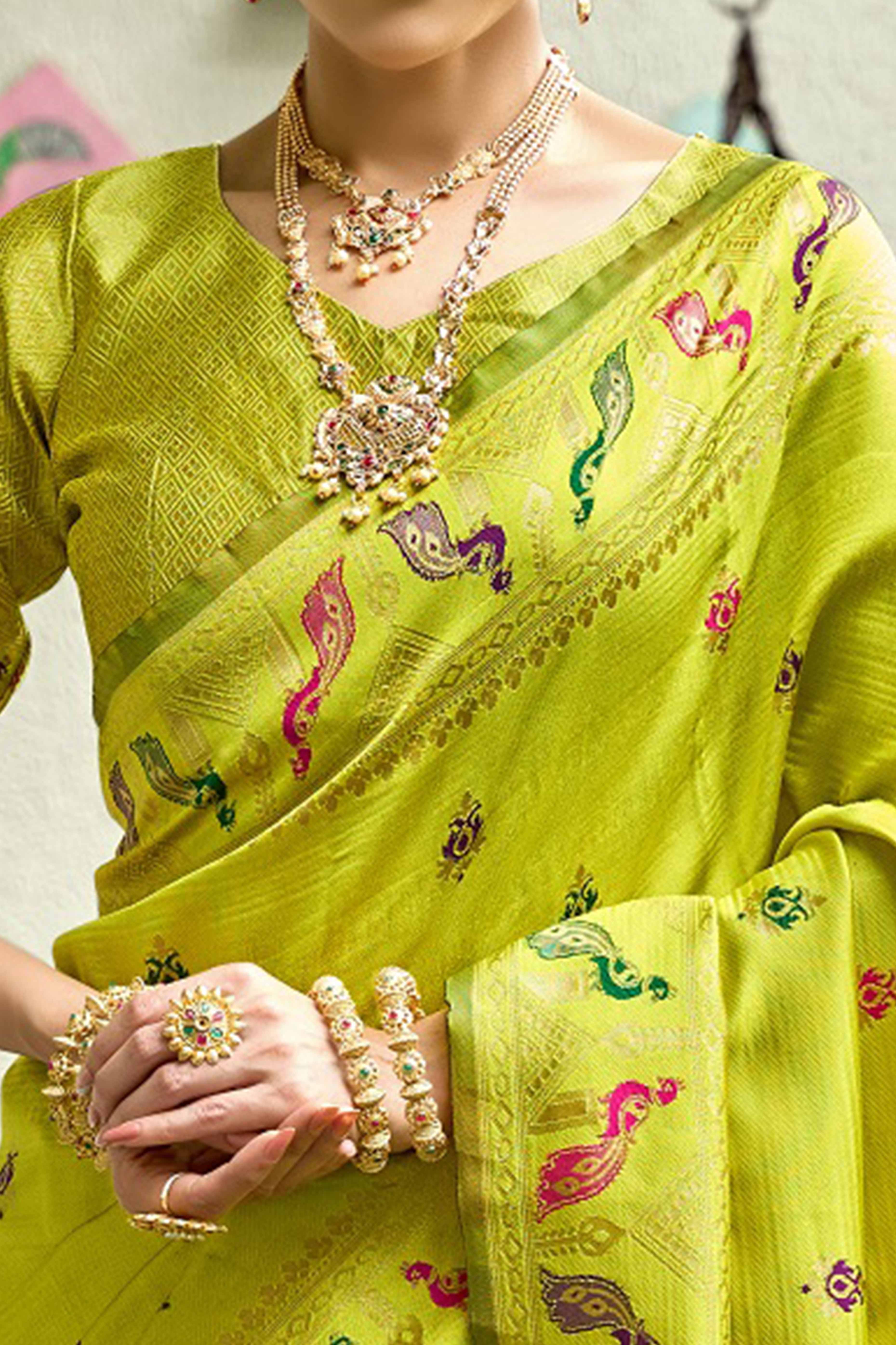 Parrot Green Paithani Style Soft Silk Saree with Zari Weaving