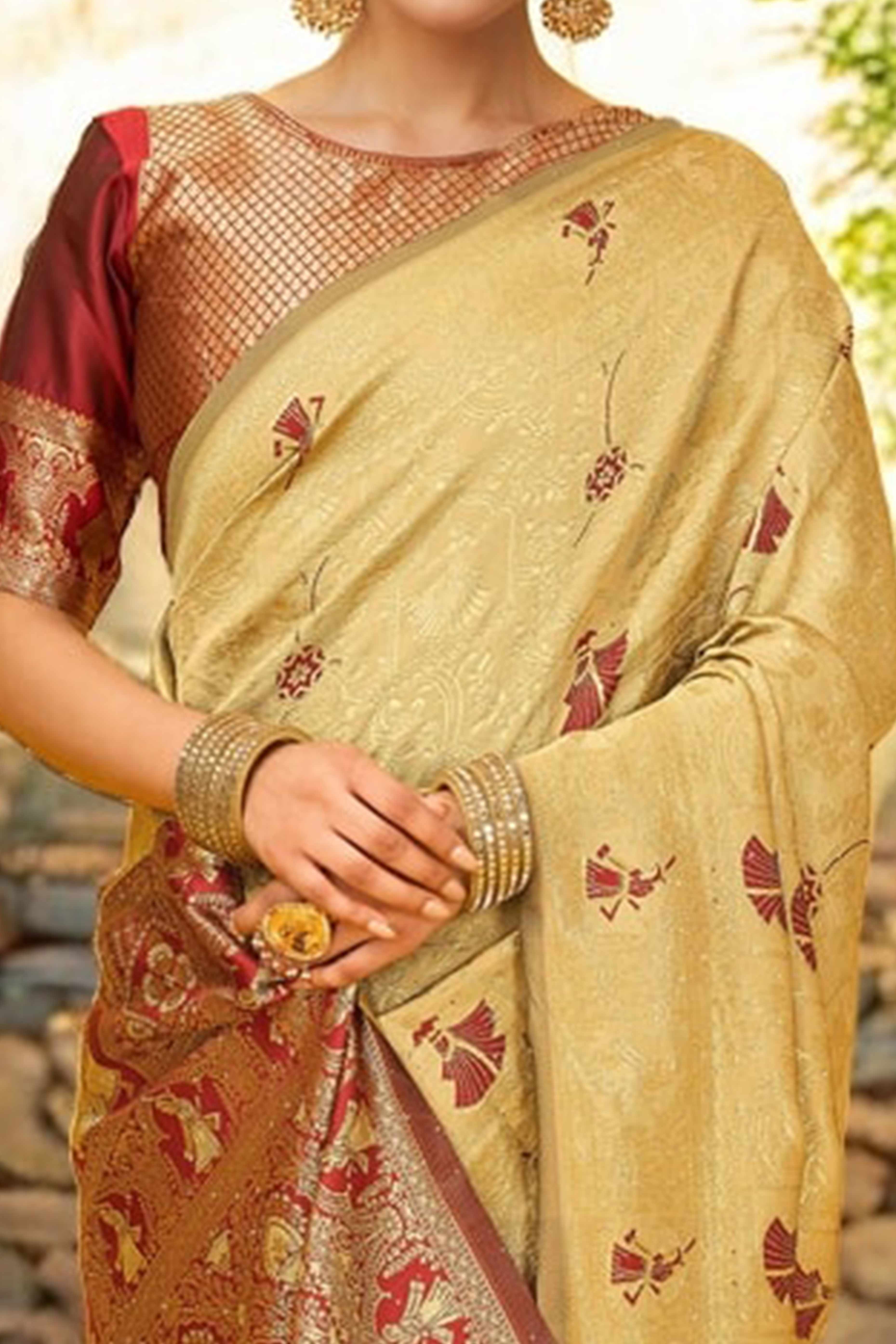 Chikoo Paithani Saree In Silk Blend Highlighted With Floral Weaving & Tasselled Edge